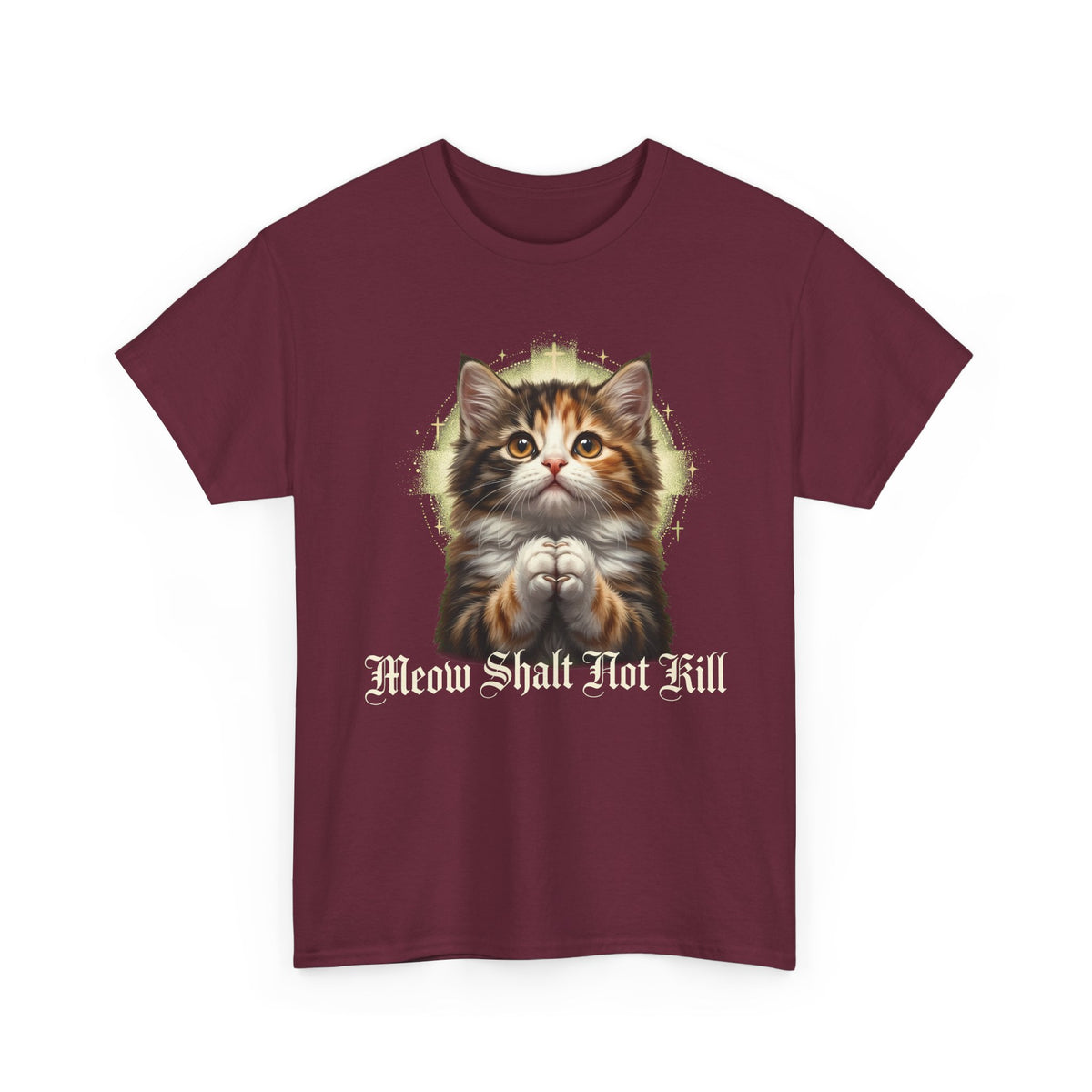 Praying Kitten T‑Shirt — "Meow Shalt Not Kill" Cute Vintage Cat Tee