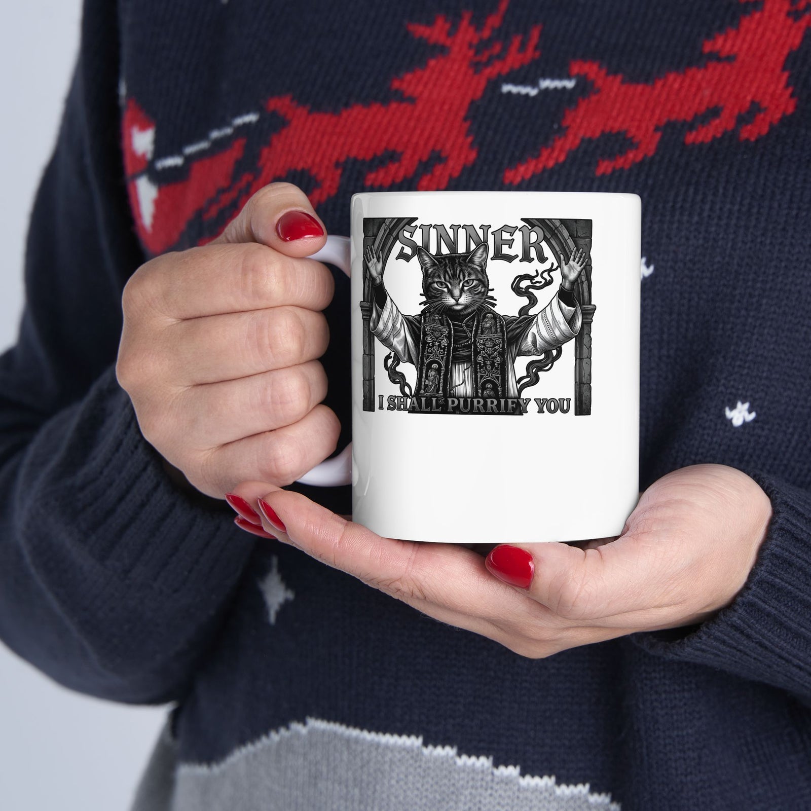 Sinner Shall I Purrify You Cat Mug — 'Purriest' Funny Gothic Cat Mug