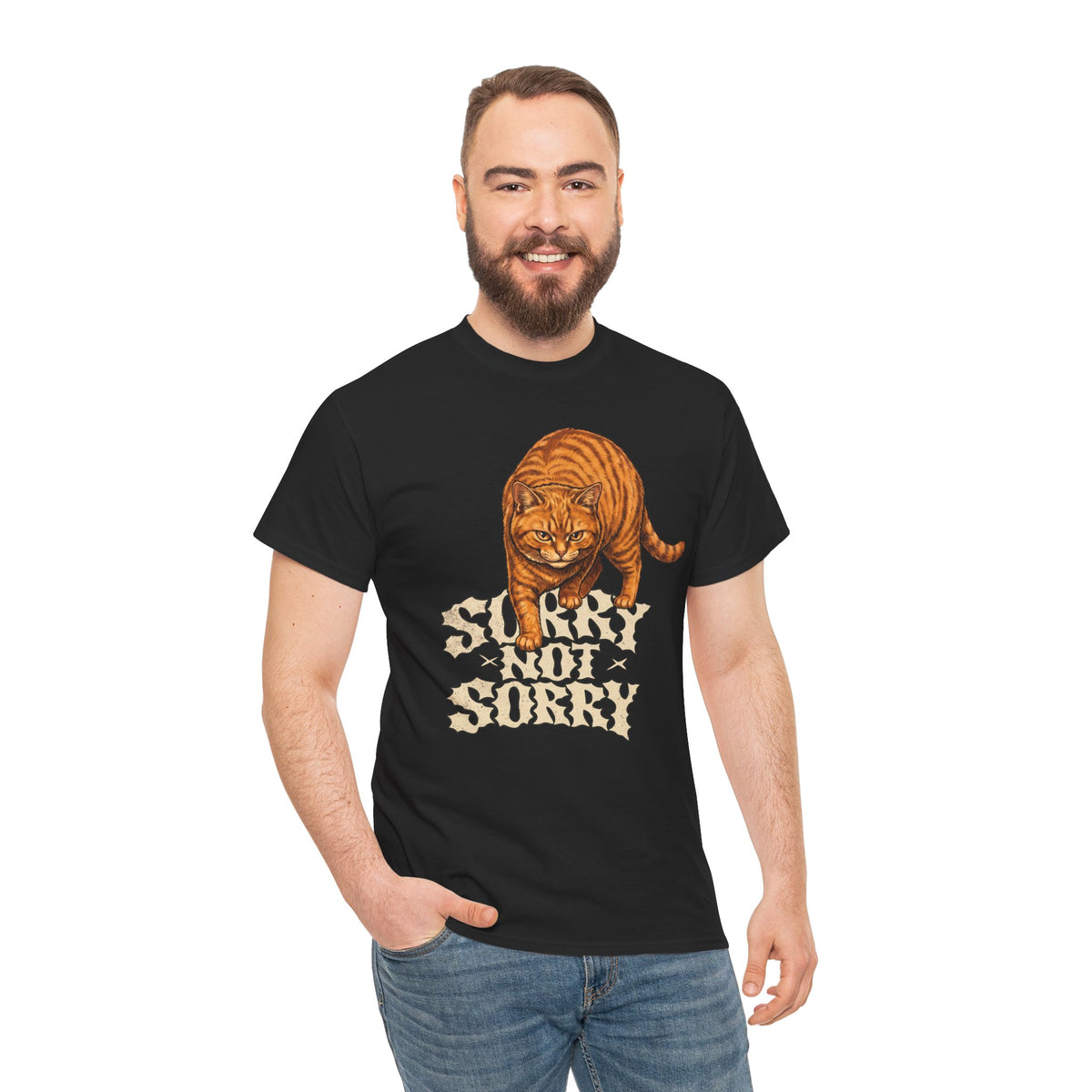 Sorry Not Sorry Cat T-Shirt — Funny Sarcastic Orange Tabby Tee