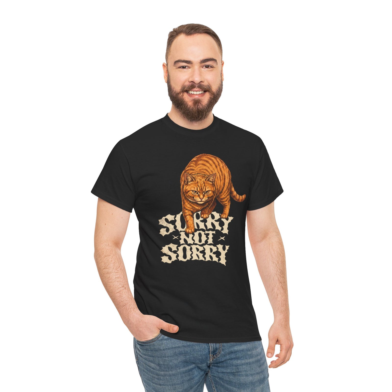 Sorry Not Sorry Cat T-Shirt — Funny Sarcastic Orange Tabby Tee