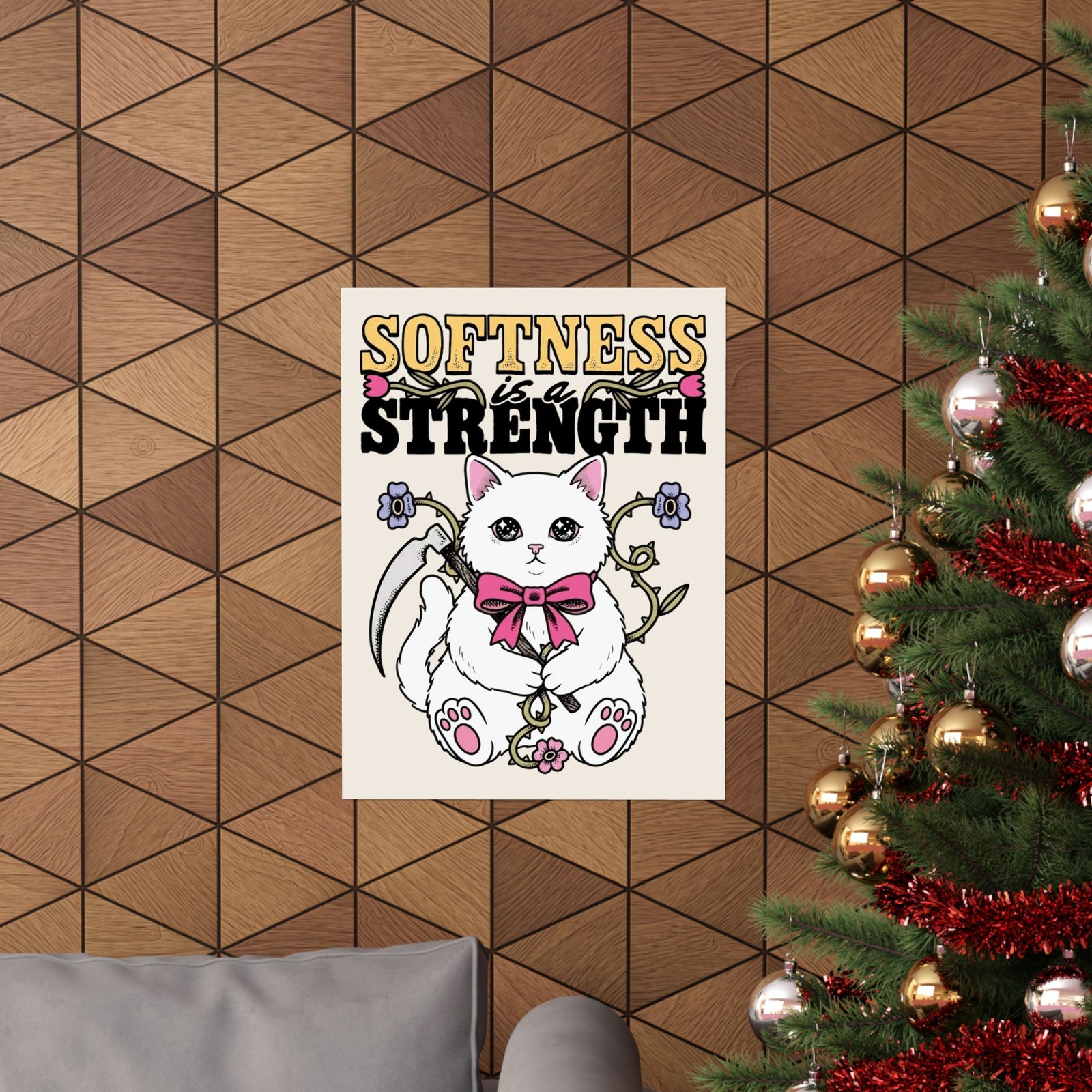 Softness Is A Strength Poster — Funny Cute White Kitten Scythe Graphic Poster