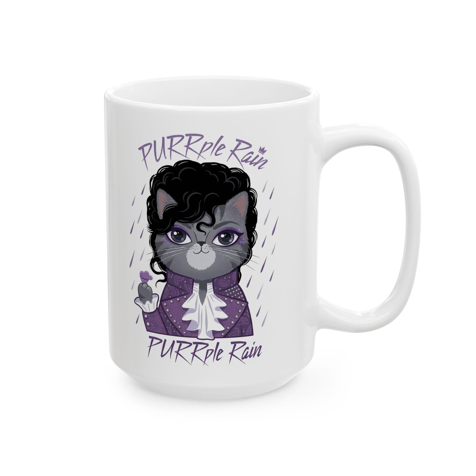 Purrple Rain Cat Parody Ceramic Mug — Cute Cat 'Purrple Rain' Graphic Mug