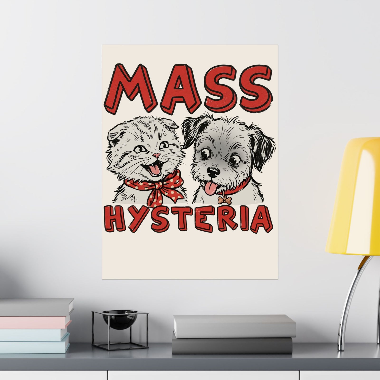 Cat & Dog Mass Hysteria Poster Funny Puppy & Kitten Line Art Poster