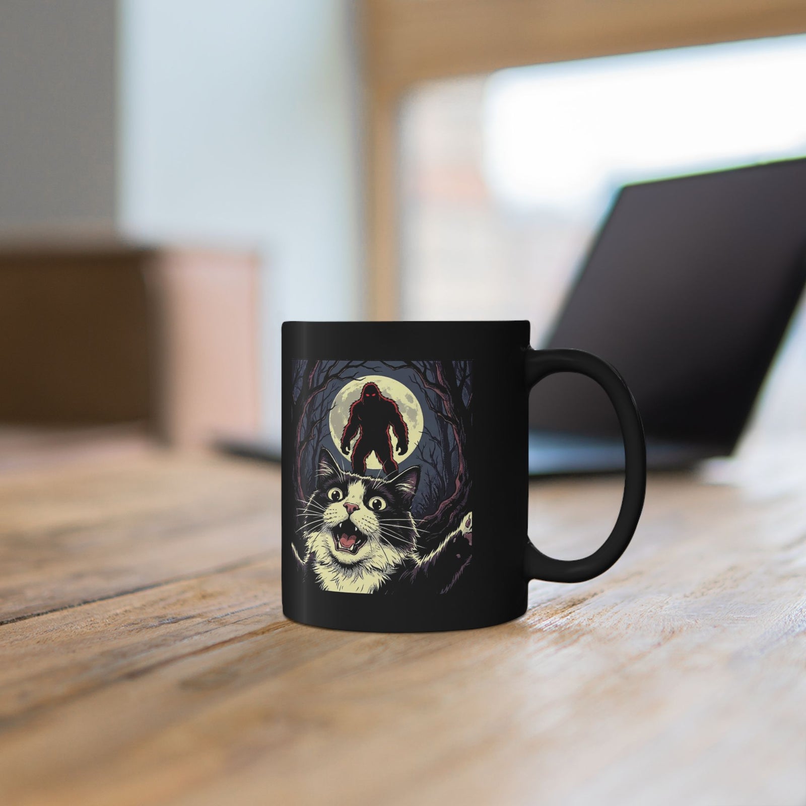 Cat Selfie with Bigfoot Black Mug