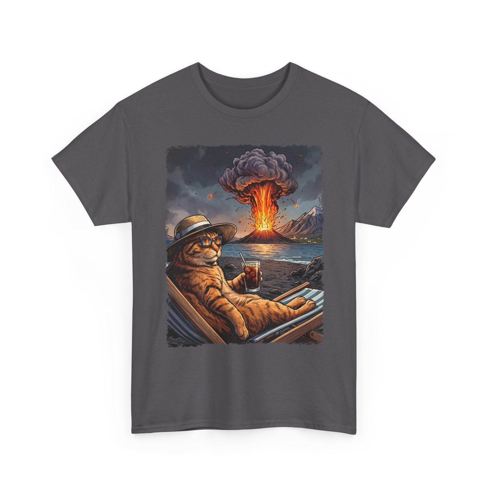 Unbothered Orange Cat Volcano T-Shirt — Funny Chaos Beach Lounging Tee