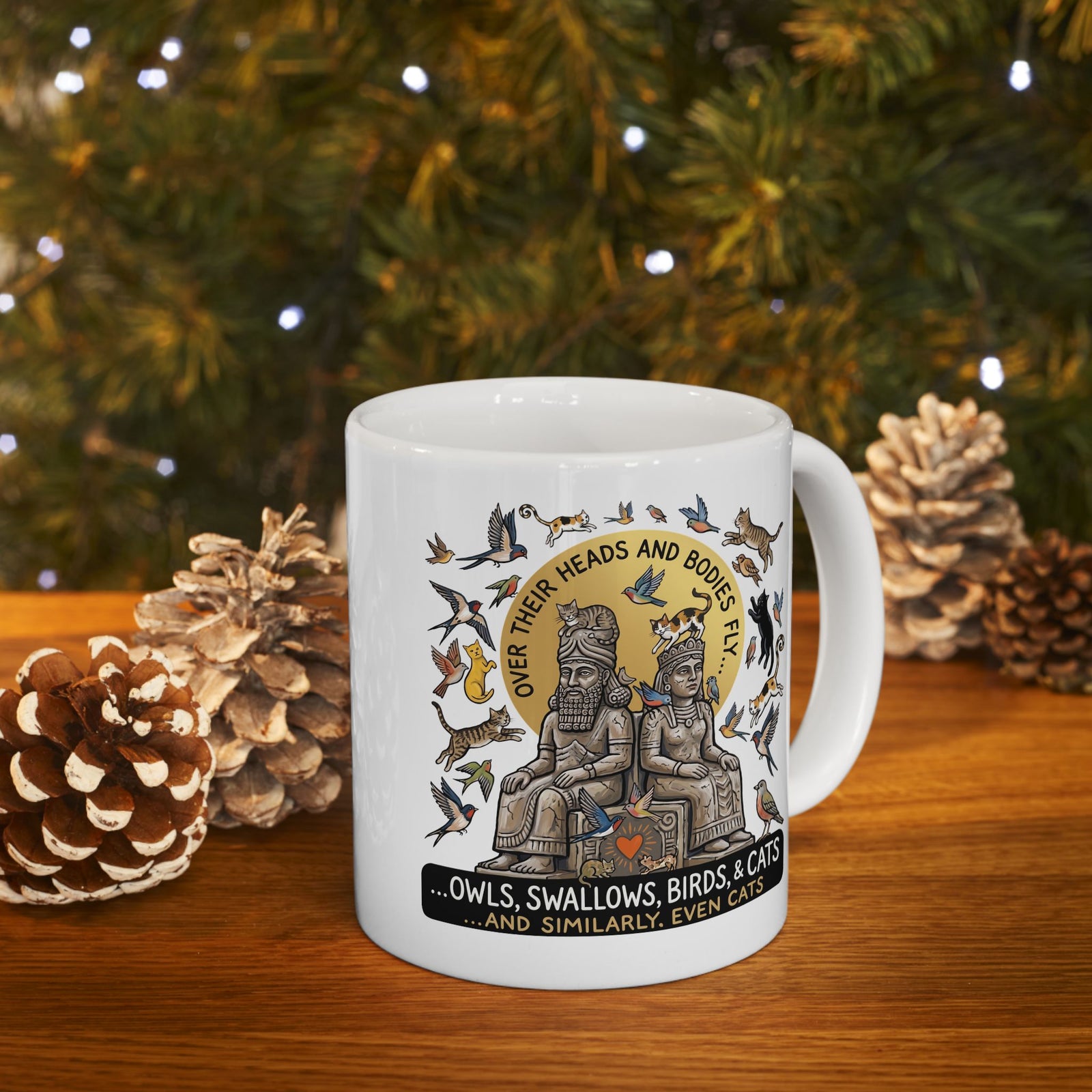 Birds & Cats Graphic Ceramic Mug — "Over Their Heads and Bodies Fly"