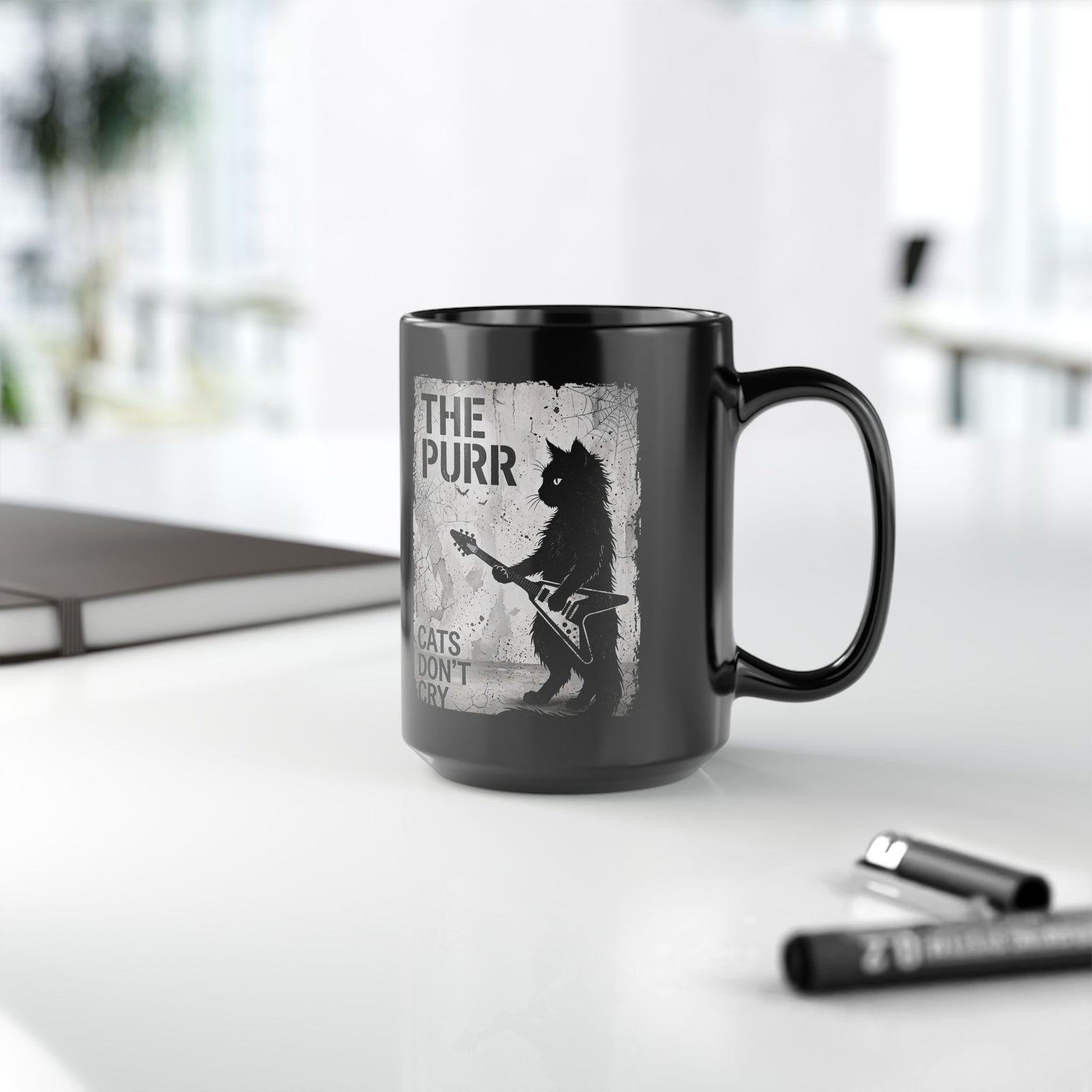 Purr Cats Don't Cry Black Mug — Cute Cat Graphic Mug