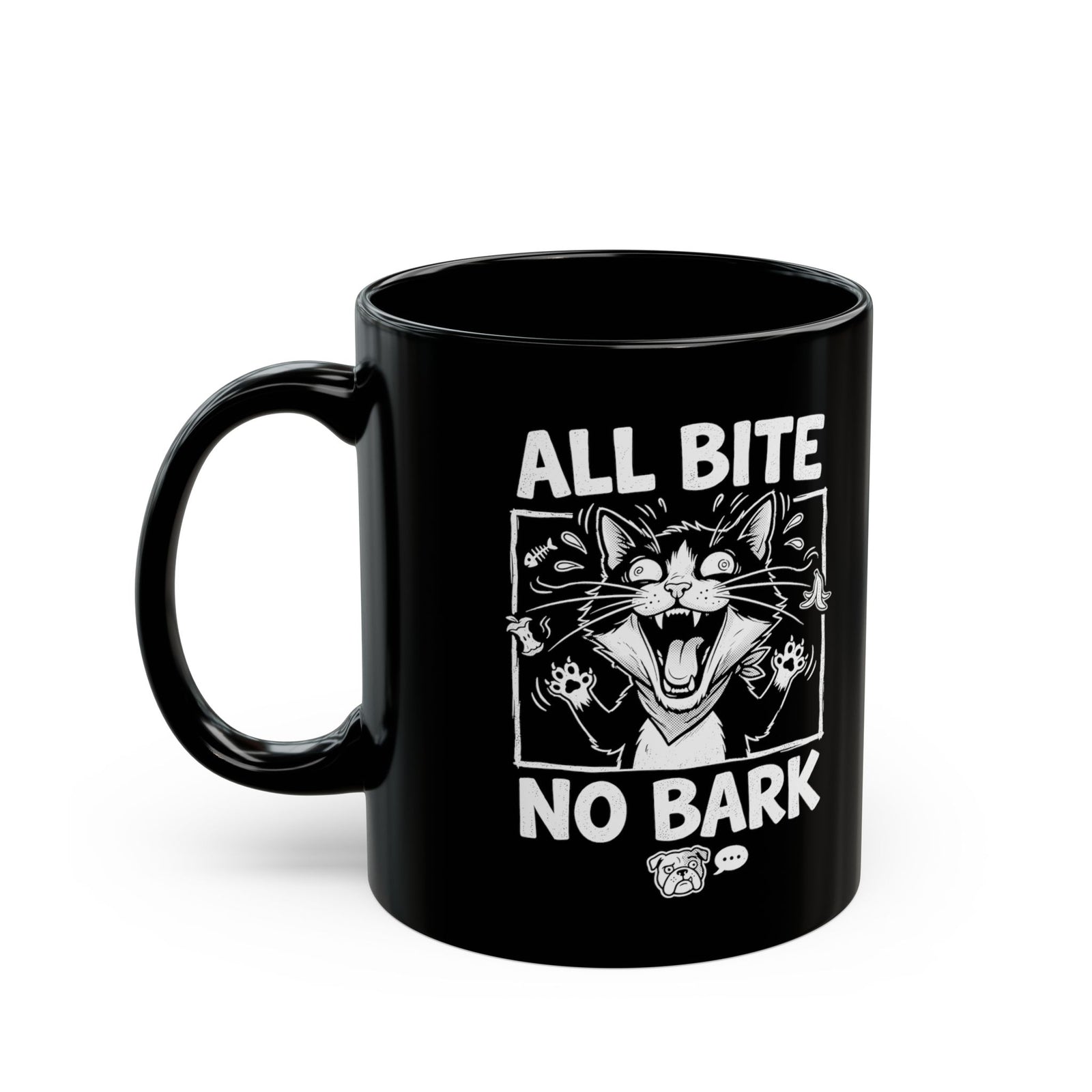 Cat All Bite No Bark Black Mug — Funny Cat Lover Mug