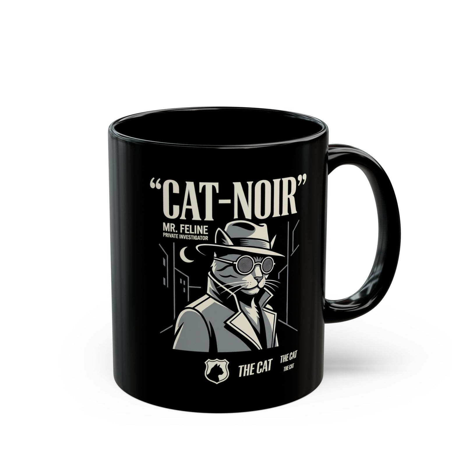 Detective Cat Black Mug — Vintage Noir Graphic Mug