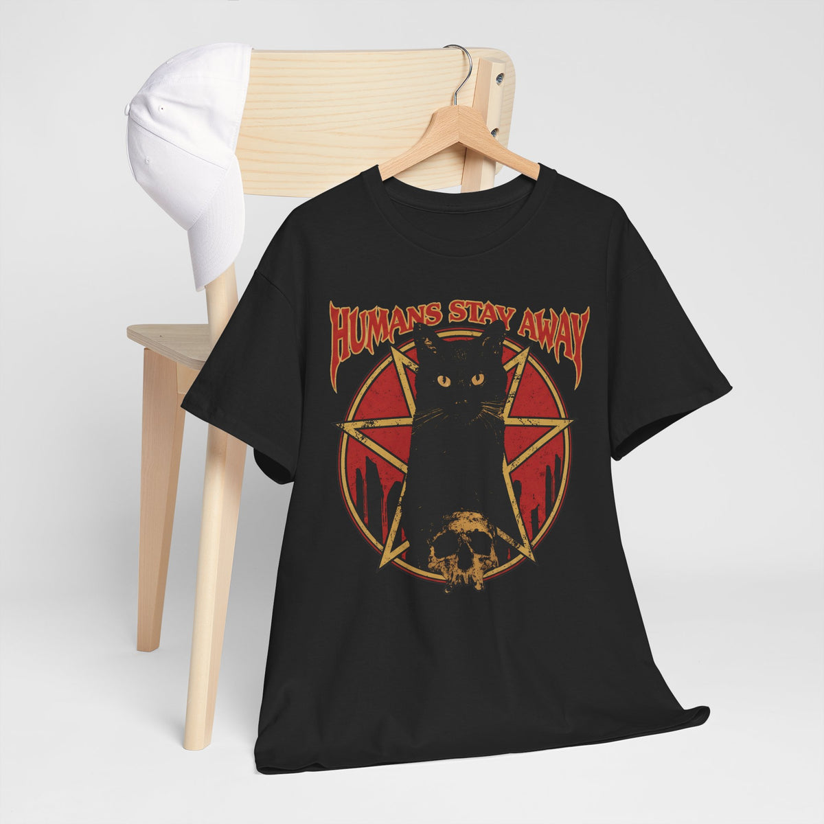 Humans Stay Away Black Cat T-Shirt — Heavy Metal Occult Pentagram Tee