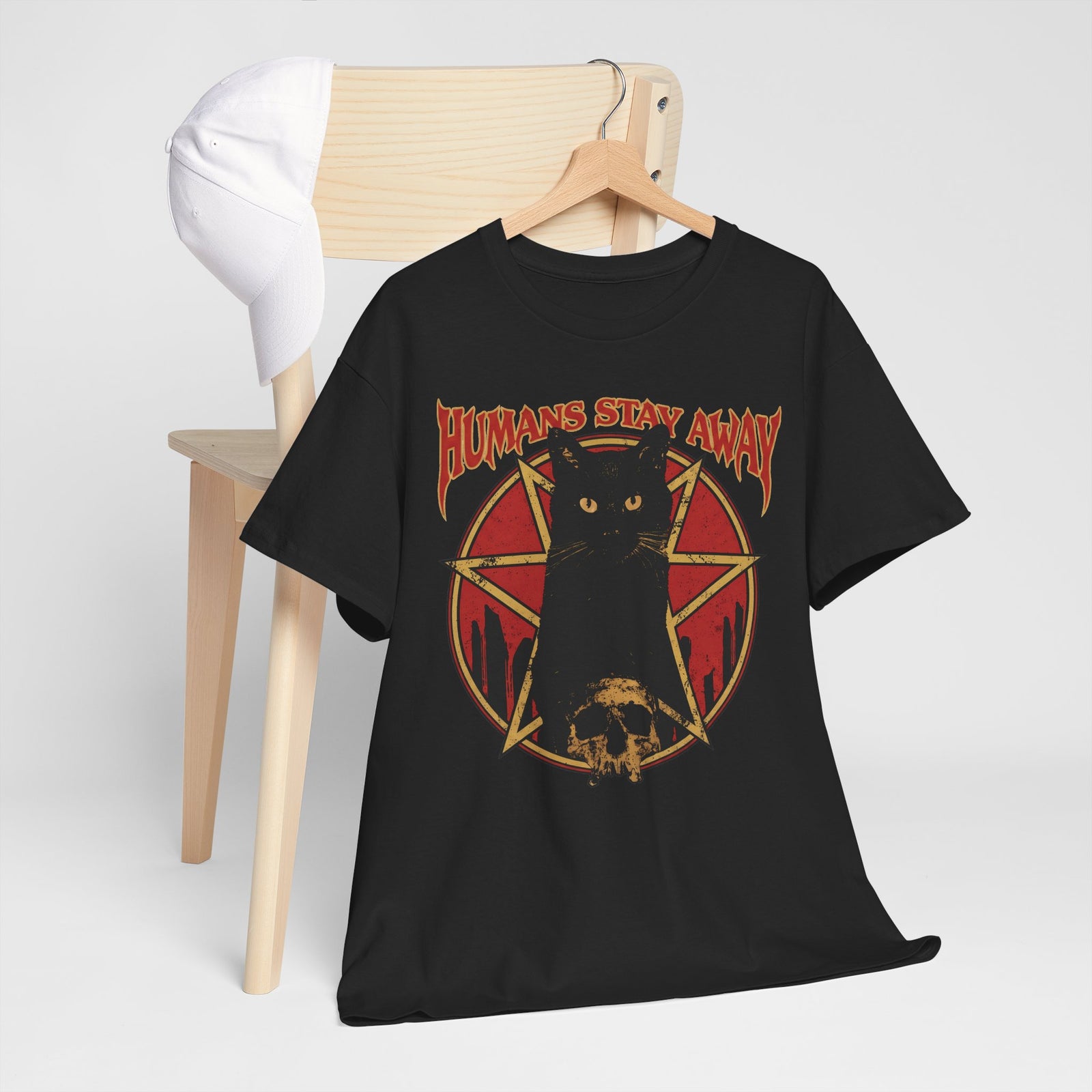 Humans Stay Away Black Cat T-Shirt — Heavy Metal Occult Pentagram Tee