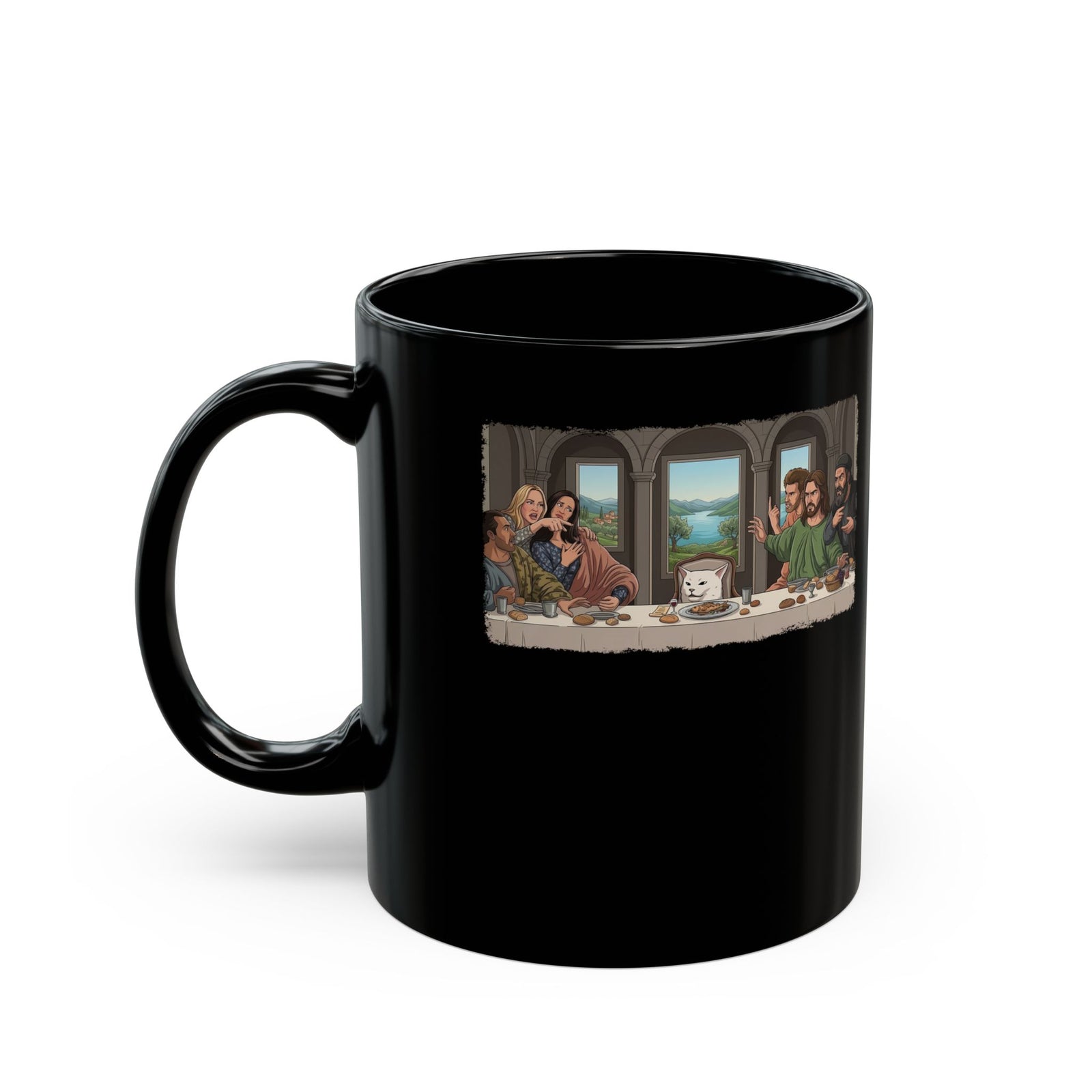 Last Supper x Woman Yelling at Cat Mug — Funny Religious Art Mashup Black Mug