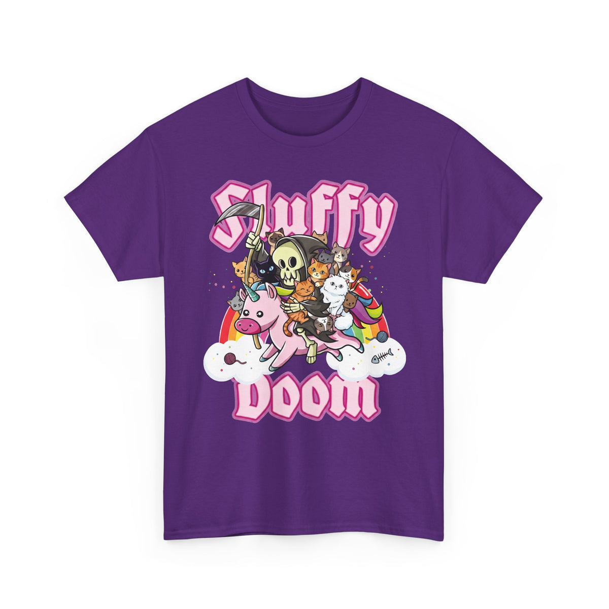 Sluffy Doom Grim Reaper Riding Unicorn T-Shirt — Pastel Goth Cat Tee