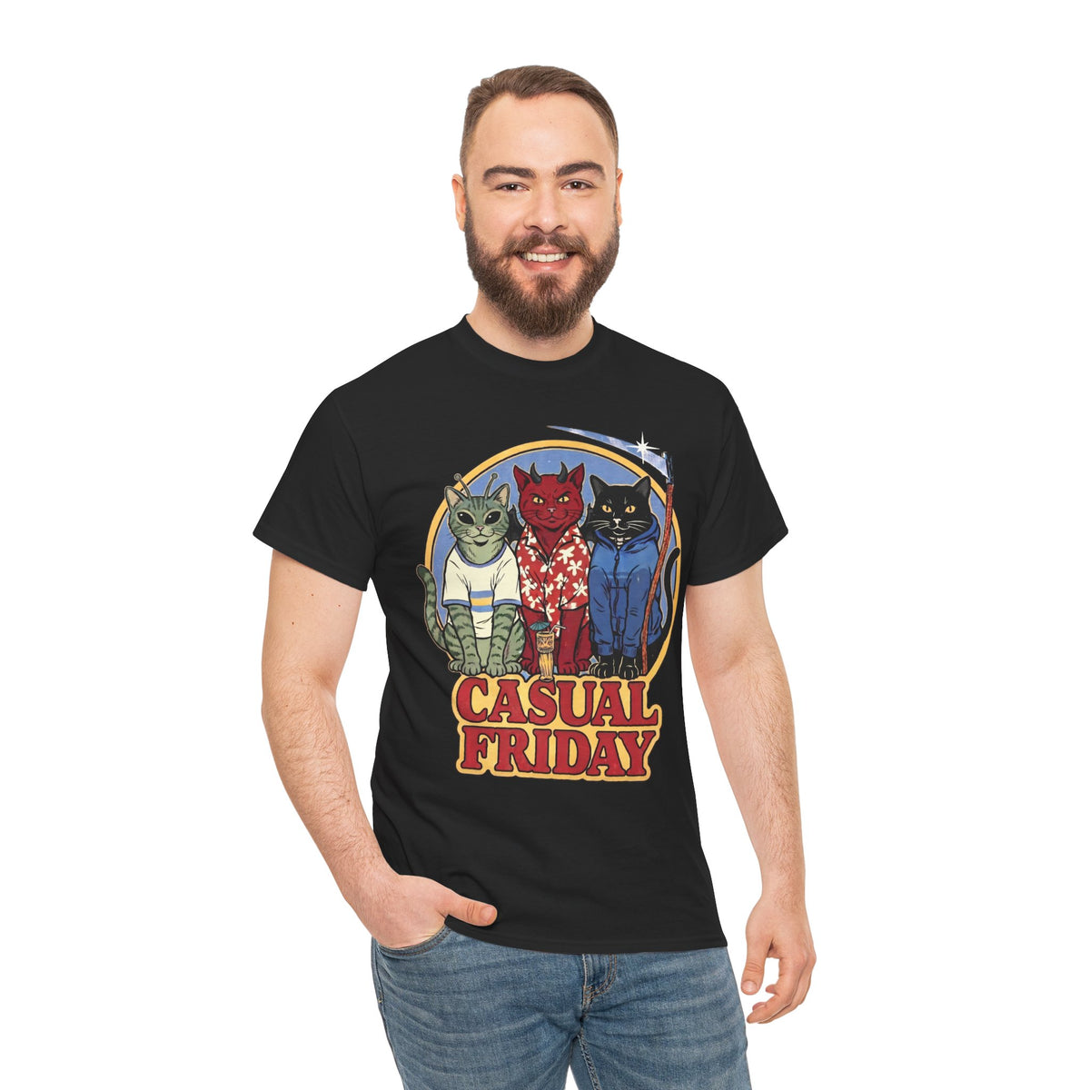 Casual Friday Cat T-Shirt — Funny Alien Devil Grim Reaper Tee