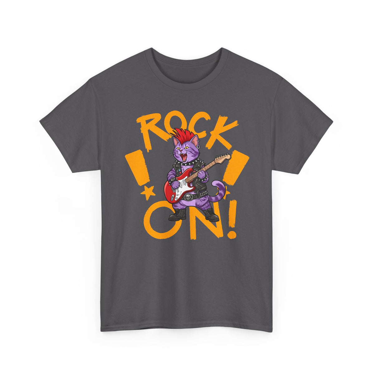 Rock On Punk Rock Cat T-Shirt — Purple Feline Mohawk Electric Guitar Tee