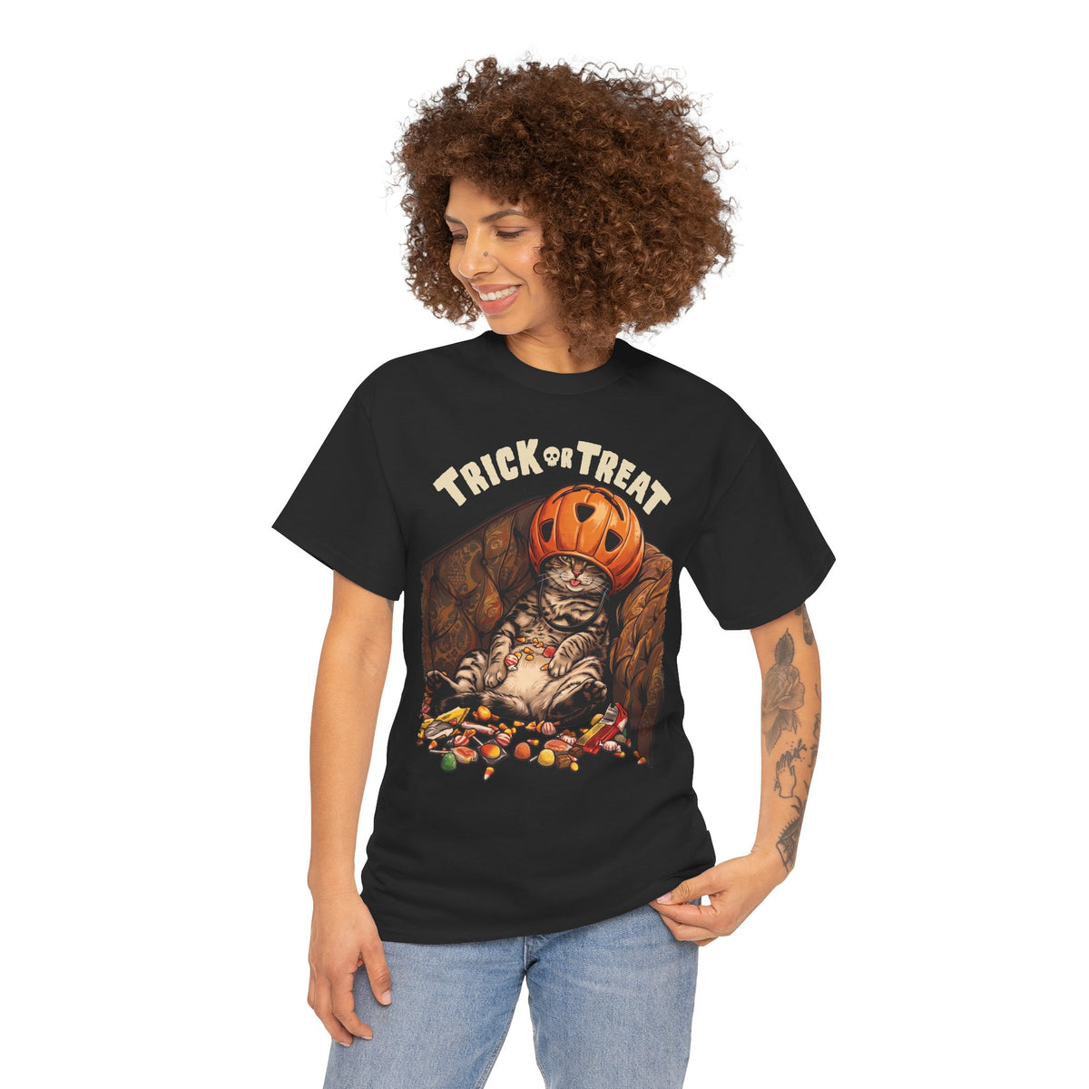 Trick Or Treat Pumpkin Helmet Cat T-Shirt — Funny Halloween Candy Coma Tee