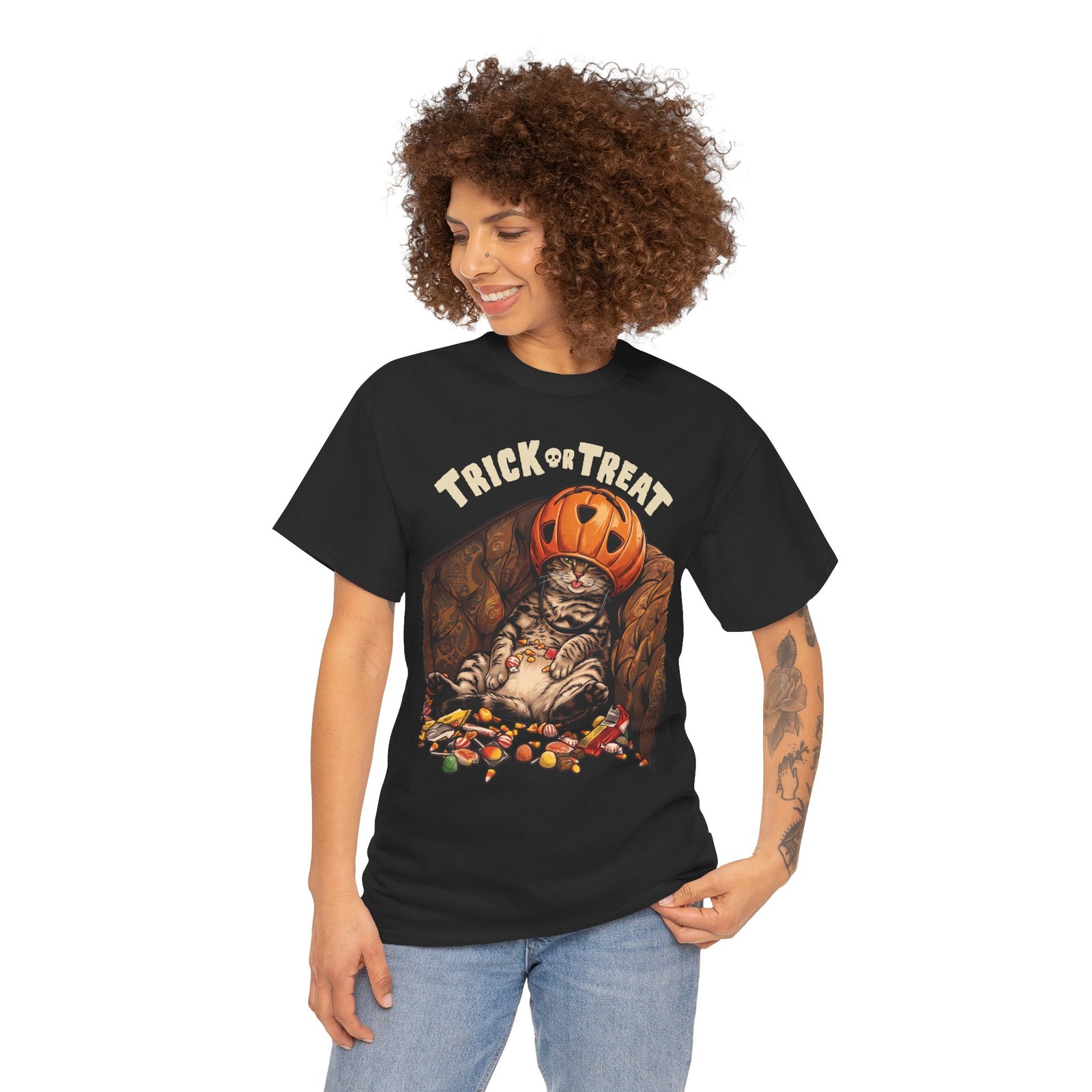 Trick Or Treat Pumpkin Helmet Cat T-Shirt — Funny Halloween Candy Coma Tee