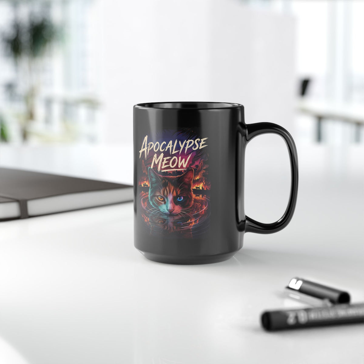 Apocalypse Meow Black Mug — Cute Post-Apocalyptic Cat Graphic Mug