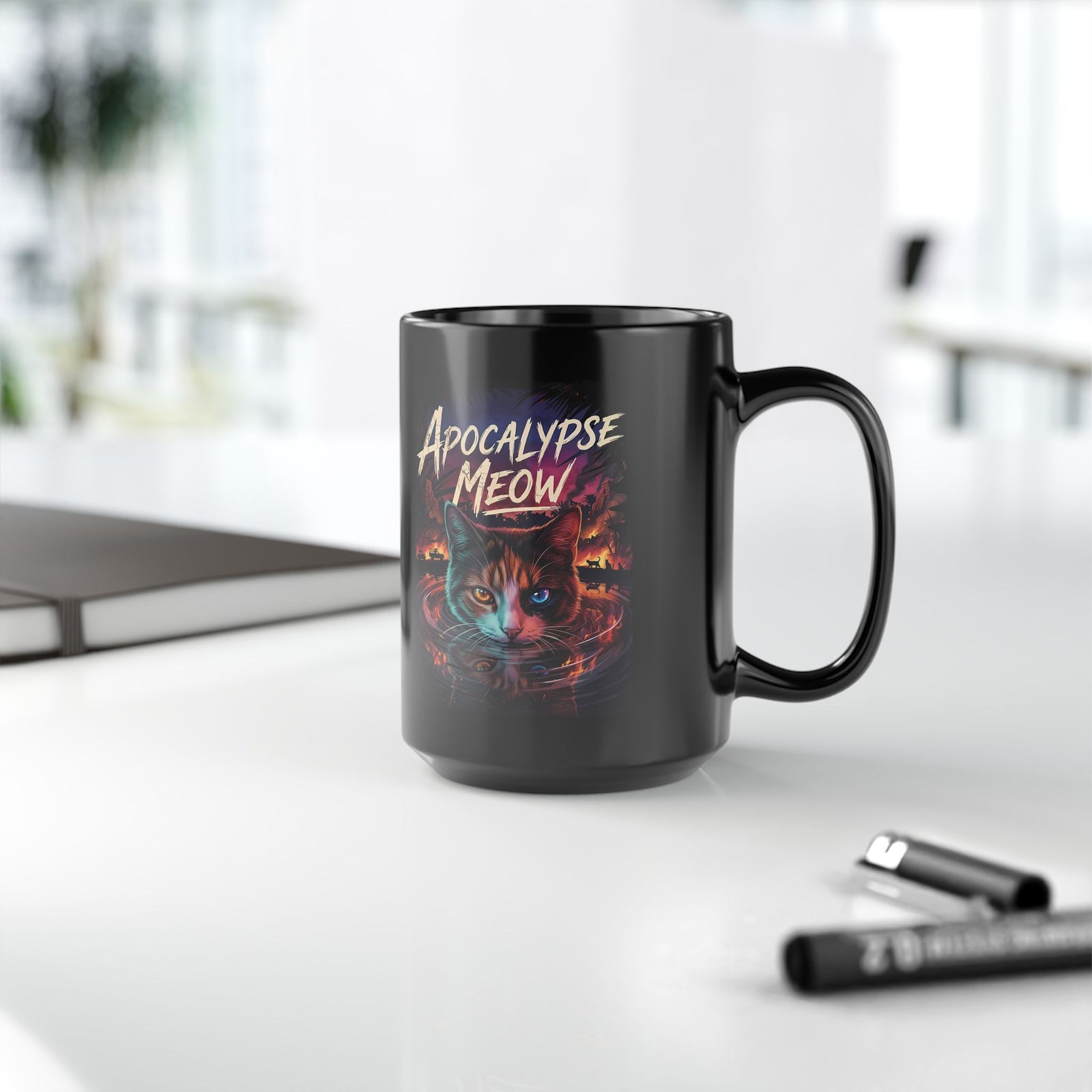 Apocalypse Meow Black Mug — Cute Post-Apocalyptic Cat Graphic Mug