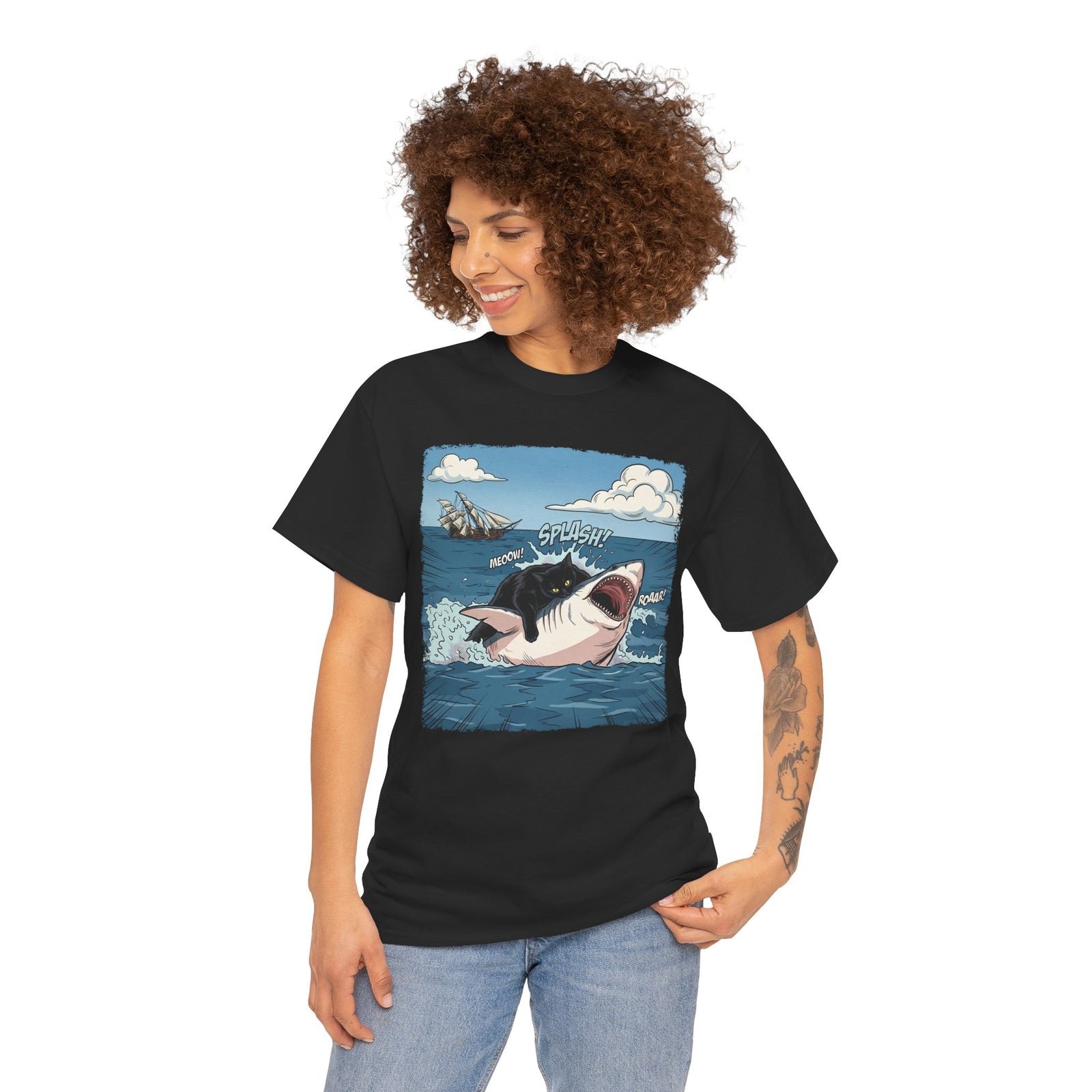Black Cat Vs White Shark T-Shirt — Funny Comic Book Ocean Battle Tee