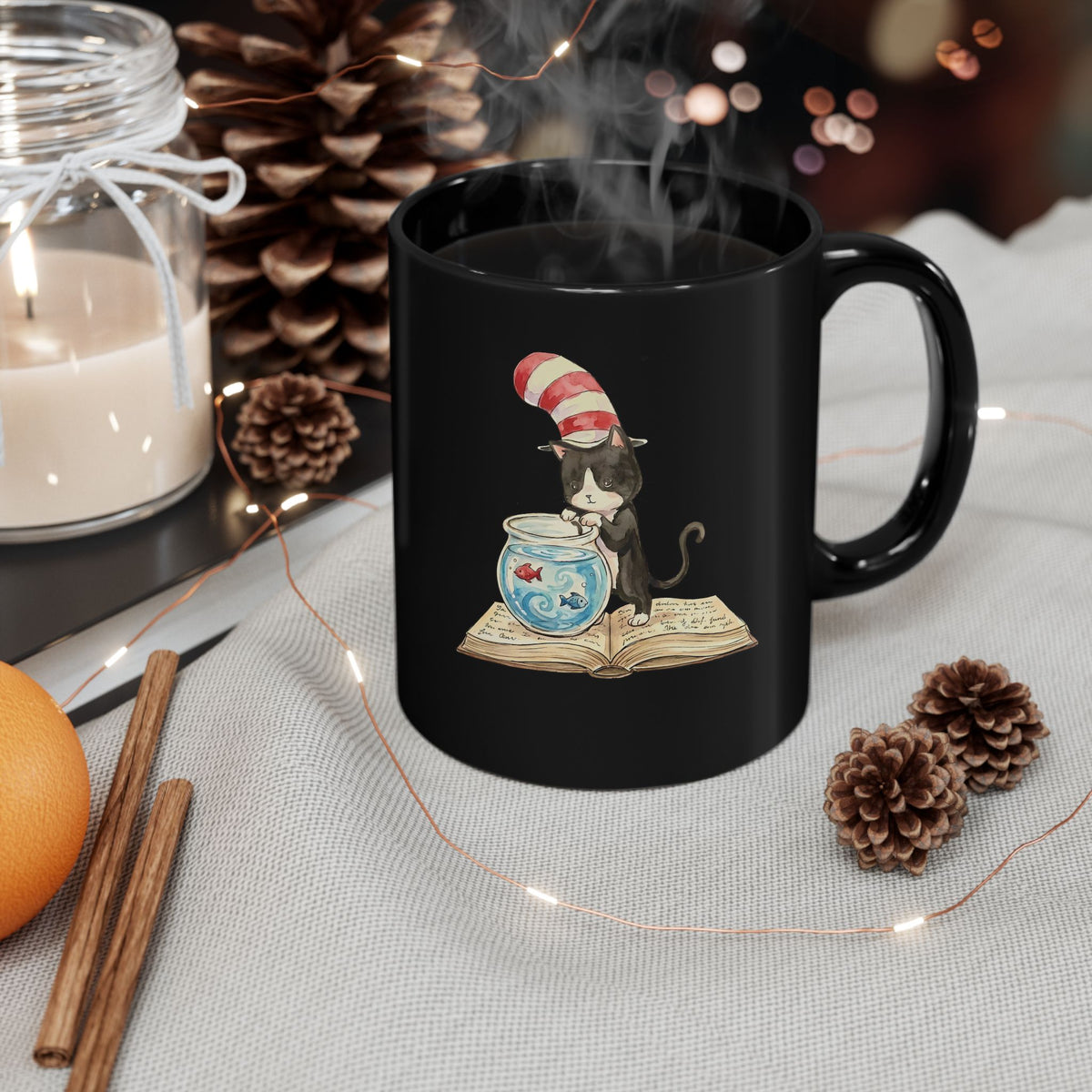 Tuxedo Cat 'Red Fish Blue Fish' Black Mug