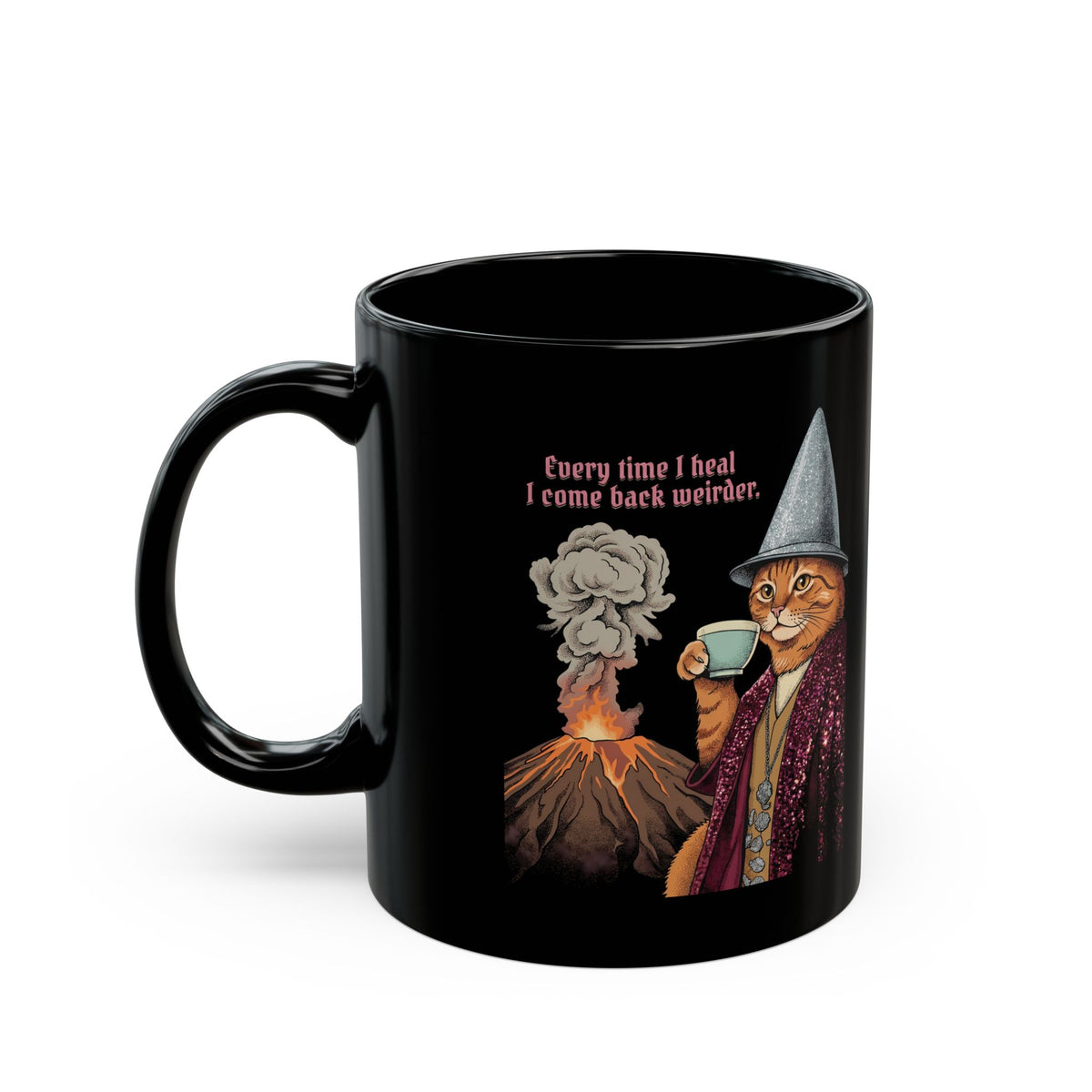 Weird Healing Journey Cat Black Mug — Retro Feline Tea Time Aesthetic Mug