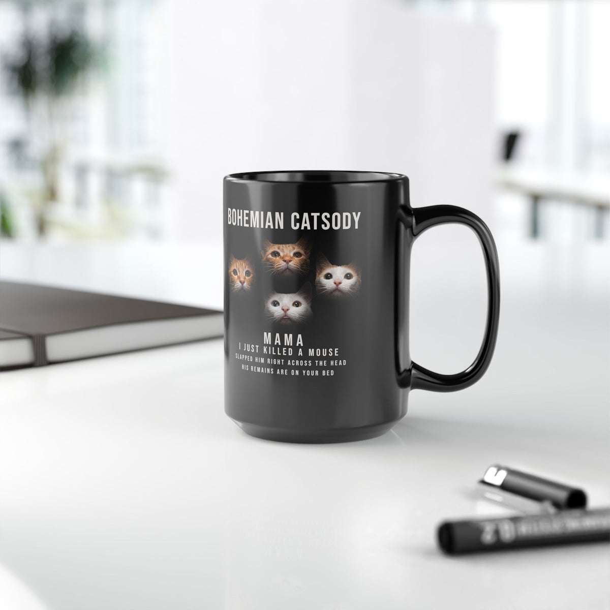 Bohemian Catsody Black Mug — Boho Cat Graphic Mug