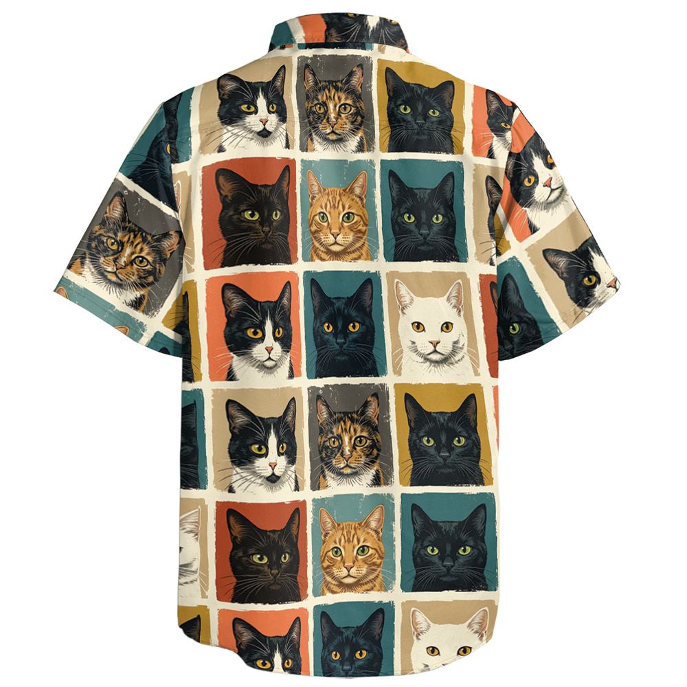 Retro Pop Art Cat Portrait Grid Short Sleeve Button Shirt -  - 2