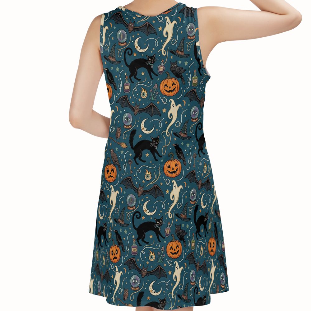 Magical Black Cat & Spooky Night Halloween Sleeveless Dress -  - 2