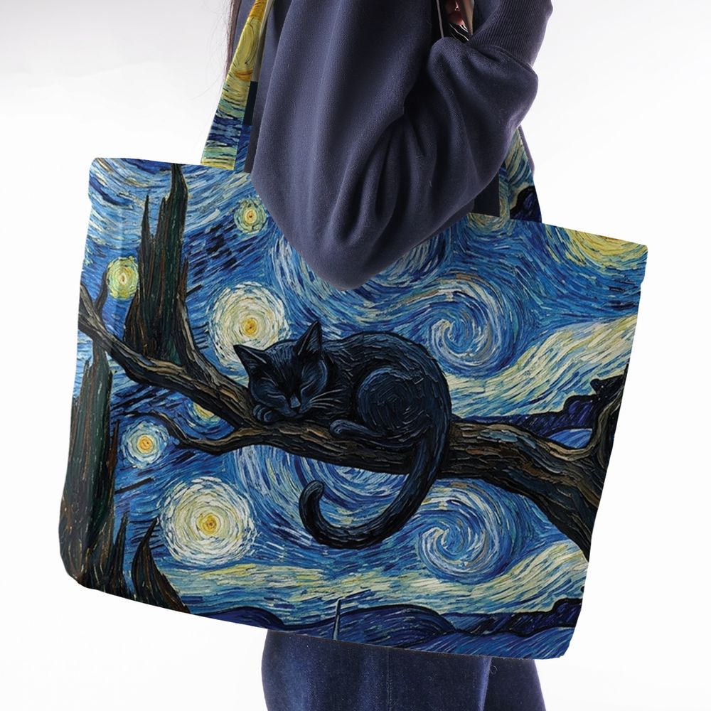 Starry Night and Black Cat Large Tote Bag -  - 2