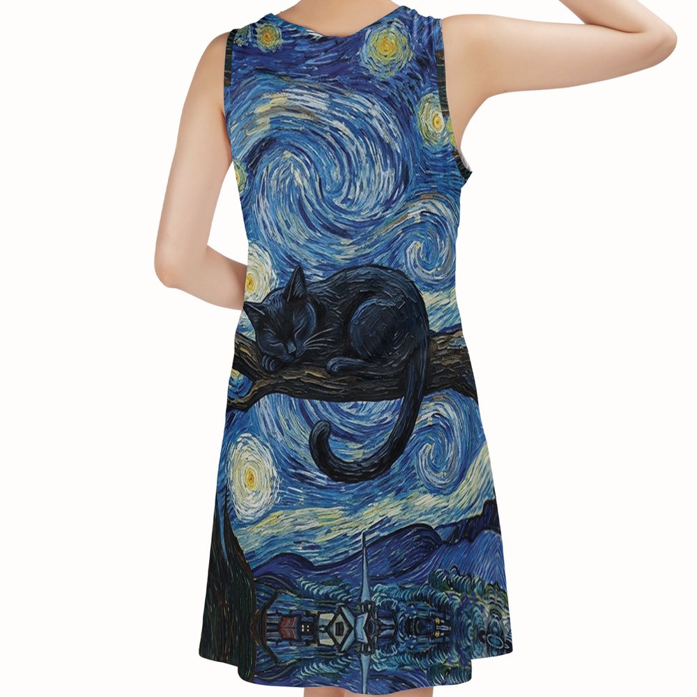 Starry Night and Black Cat Sleeveless Dress -  - 2