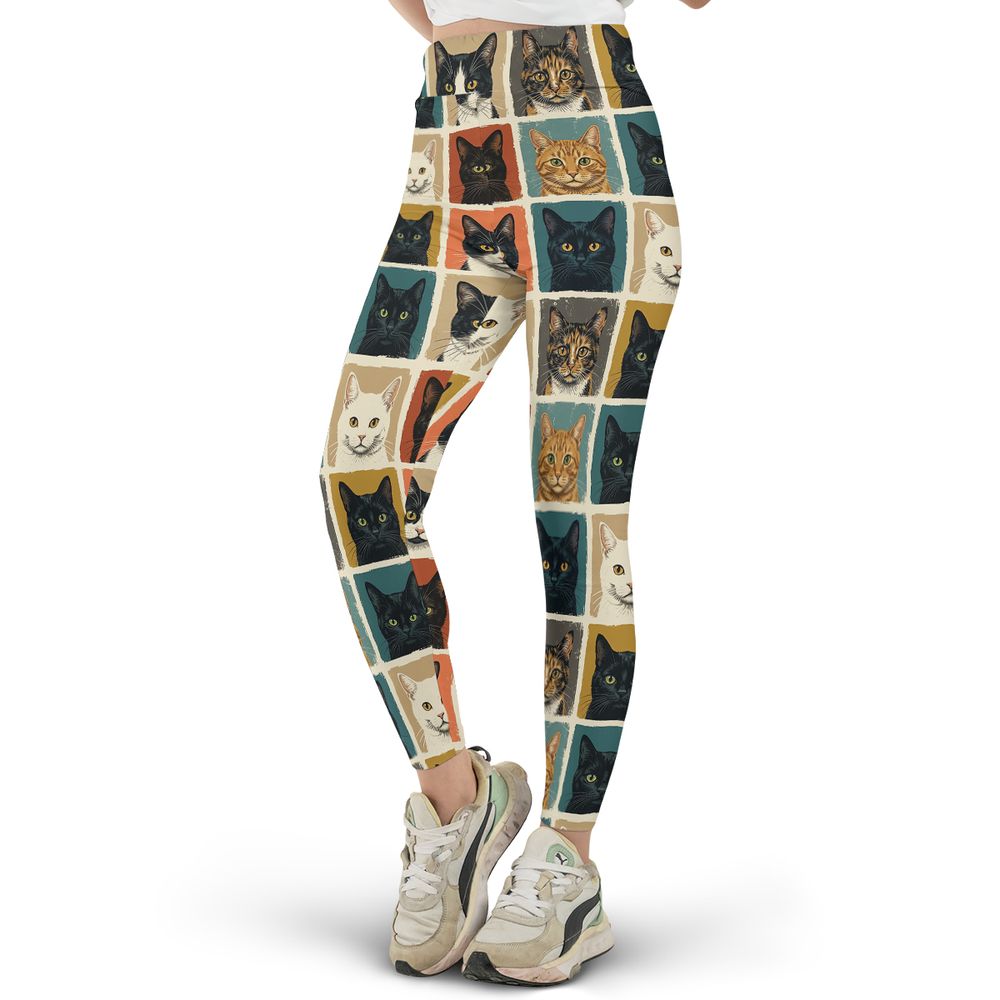 Retro Pop Art Cat Portrait Grid Full Print Legging -  - 2