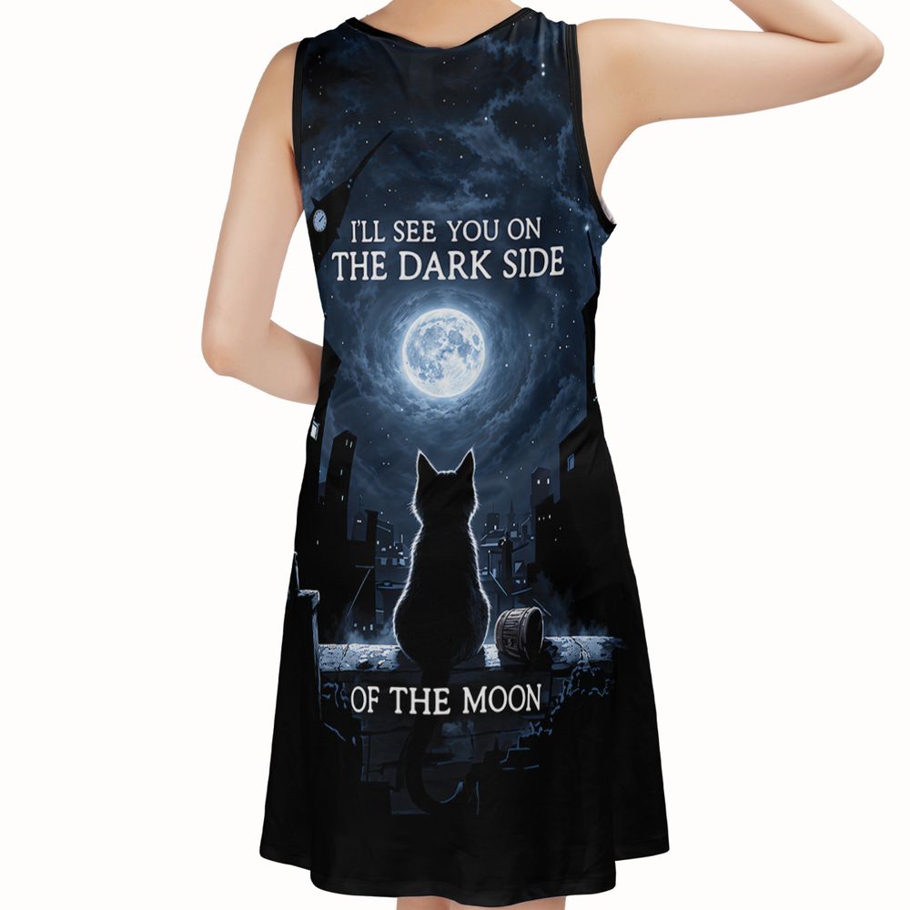 Cosmic Rainbow Moon Cat Silhouette Sleeveless Dress -  - 2