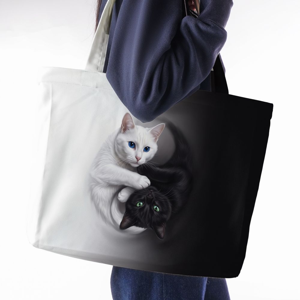 Yin Yang Black Cat and White Cat Large Tote Bag -  - 2