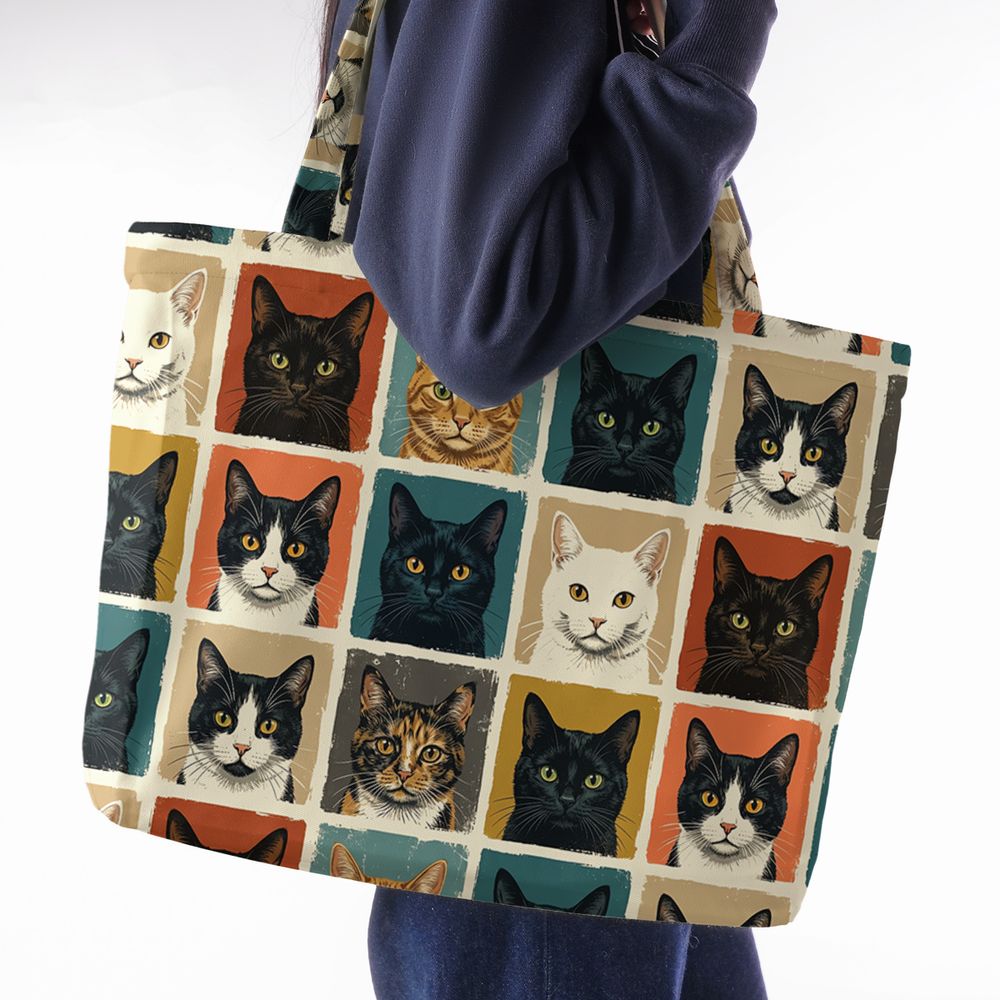 Retro Pop Art Cat Portrait Grid Large Tote Bag -  - 2
