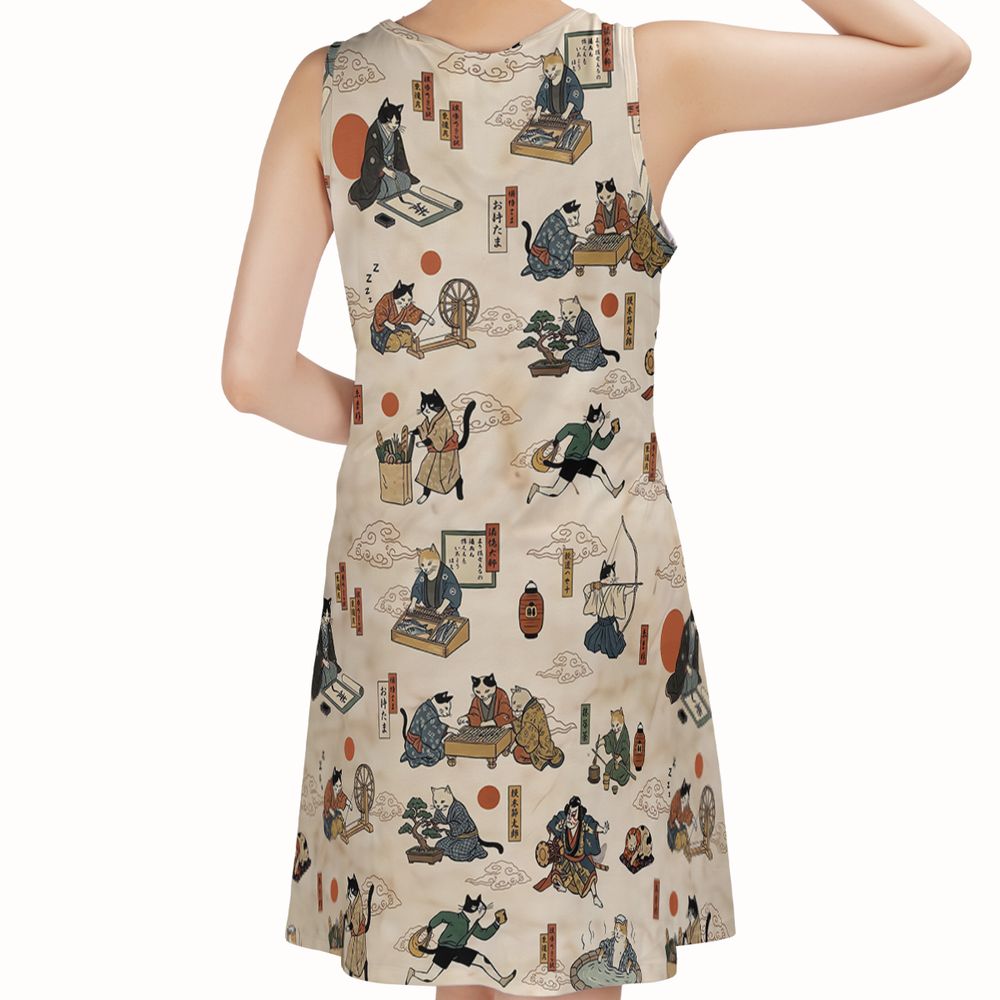 Ukiyo-e cat Sleeveless Dress -  - 2