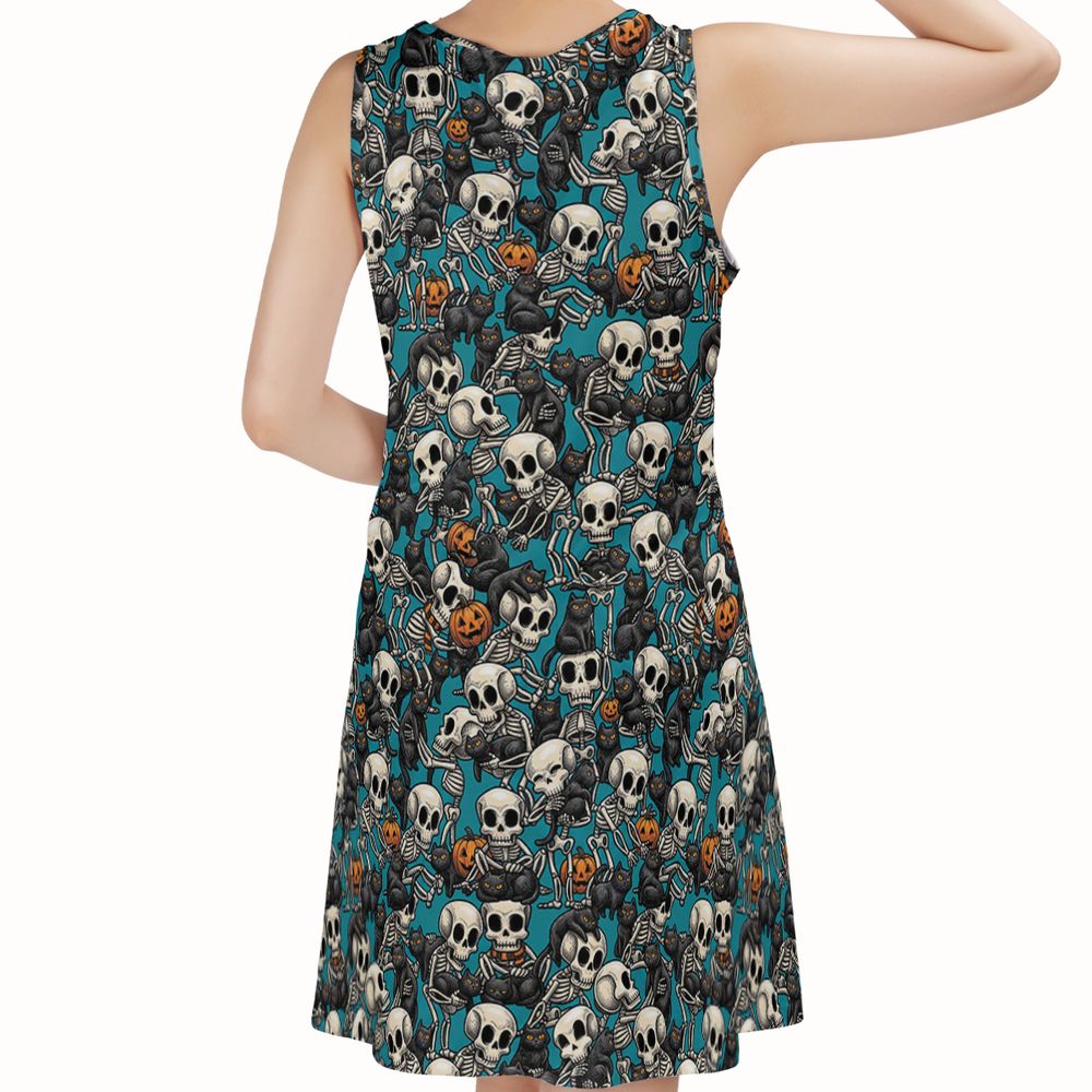 Black Cat Skeleton Halloween Sleeveless Dress -  - 2