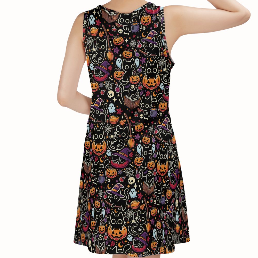 Black Cat and Pumpkin Sleeveless Dress -  - 2