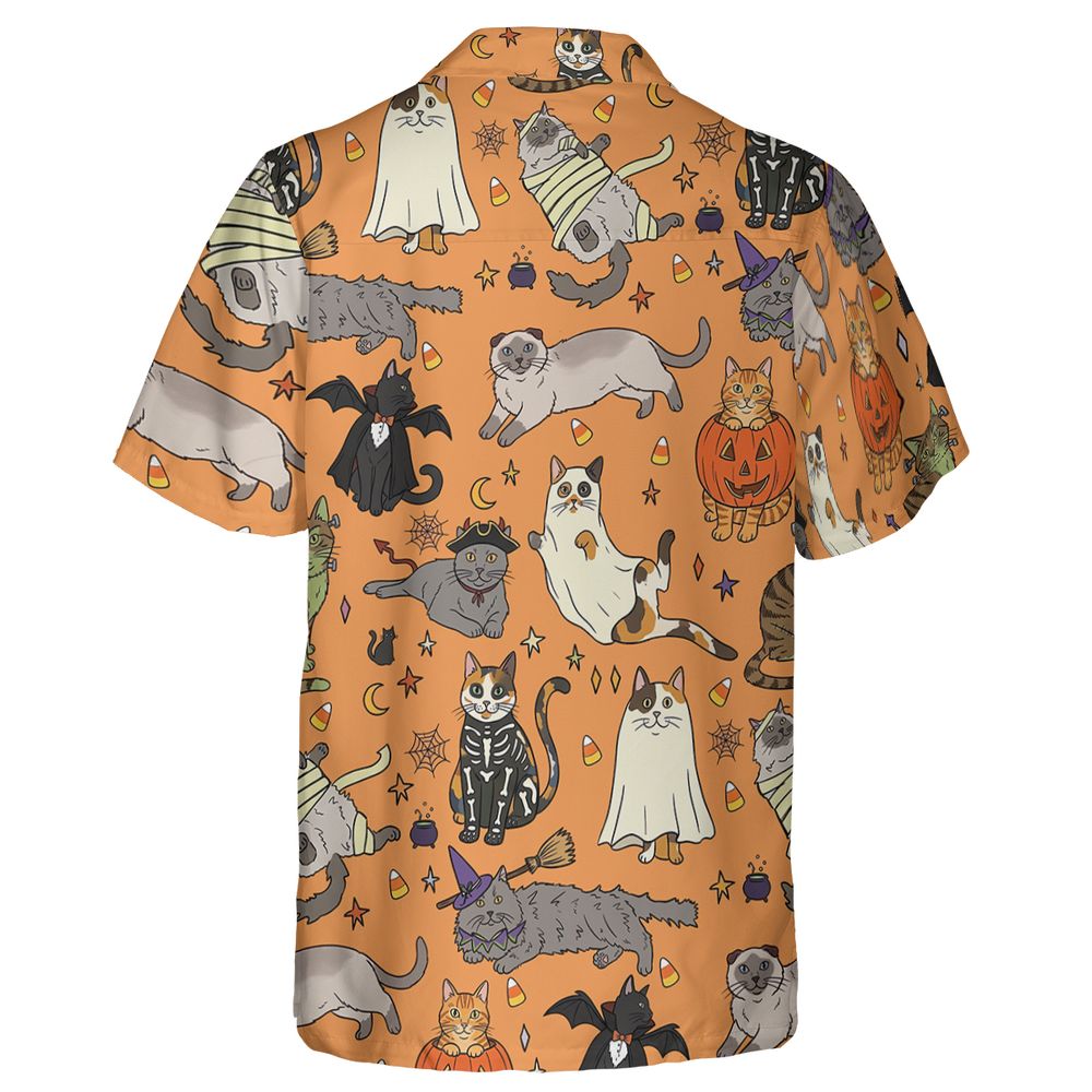 Spooky Orange Halloween Costume Cats Pattern Hawaiian Shirt -  - 2