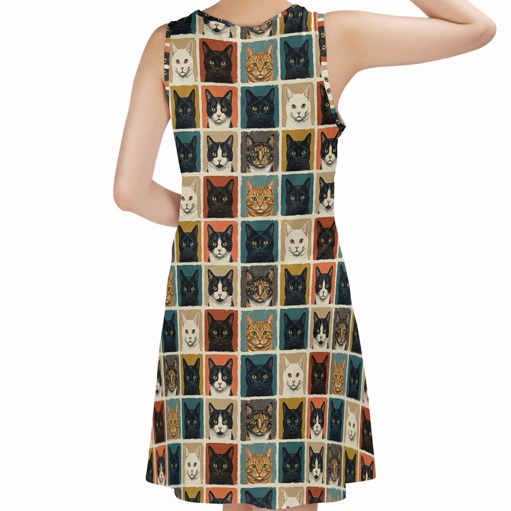 Retro Pop Art Cat Portrait Grid Sleeveless Dress -  - 2