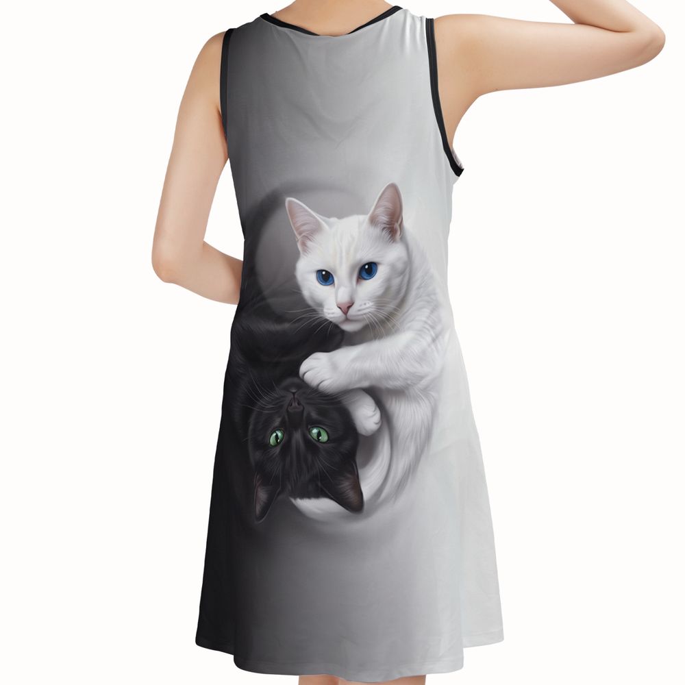 Yin Yang Black Cat and White Cat Sleeveless Dress -  - 2