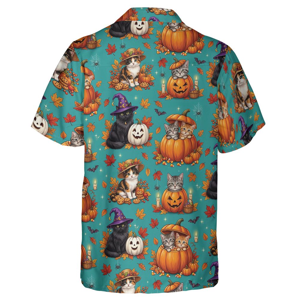 Festive Fall Pumpkin & Witch Cat Hawaiian Shirt -  - 2