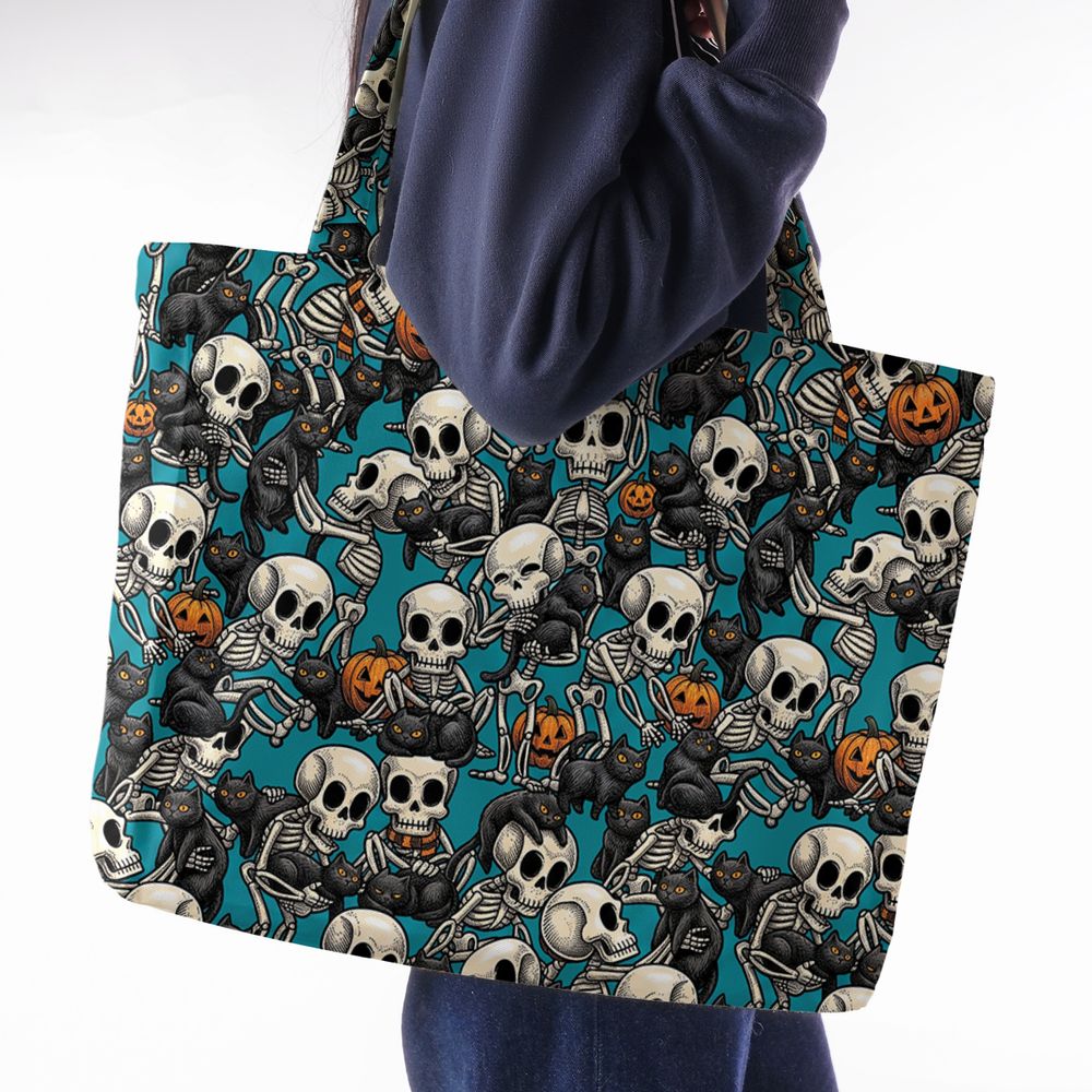 Black Cat Skeleton Halloween Large Tote Bag -  - 2