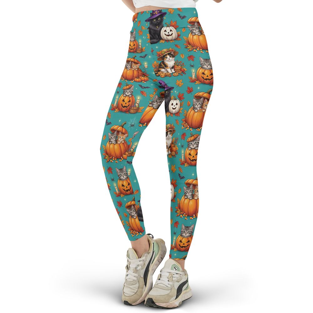 Festive Fall Pumpkin & Witch Cat Full Print Legging -  - 2