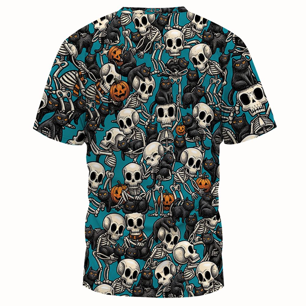 Black Cat Skeleton Halloween Full Print Unisex T-Shirt -  - 2