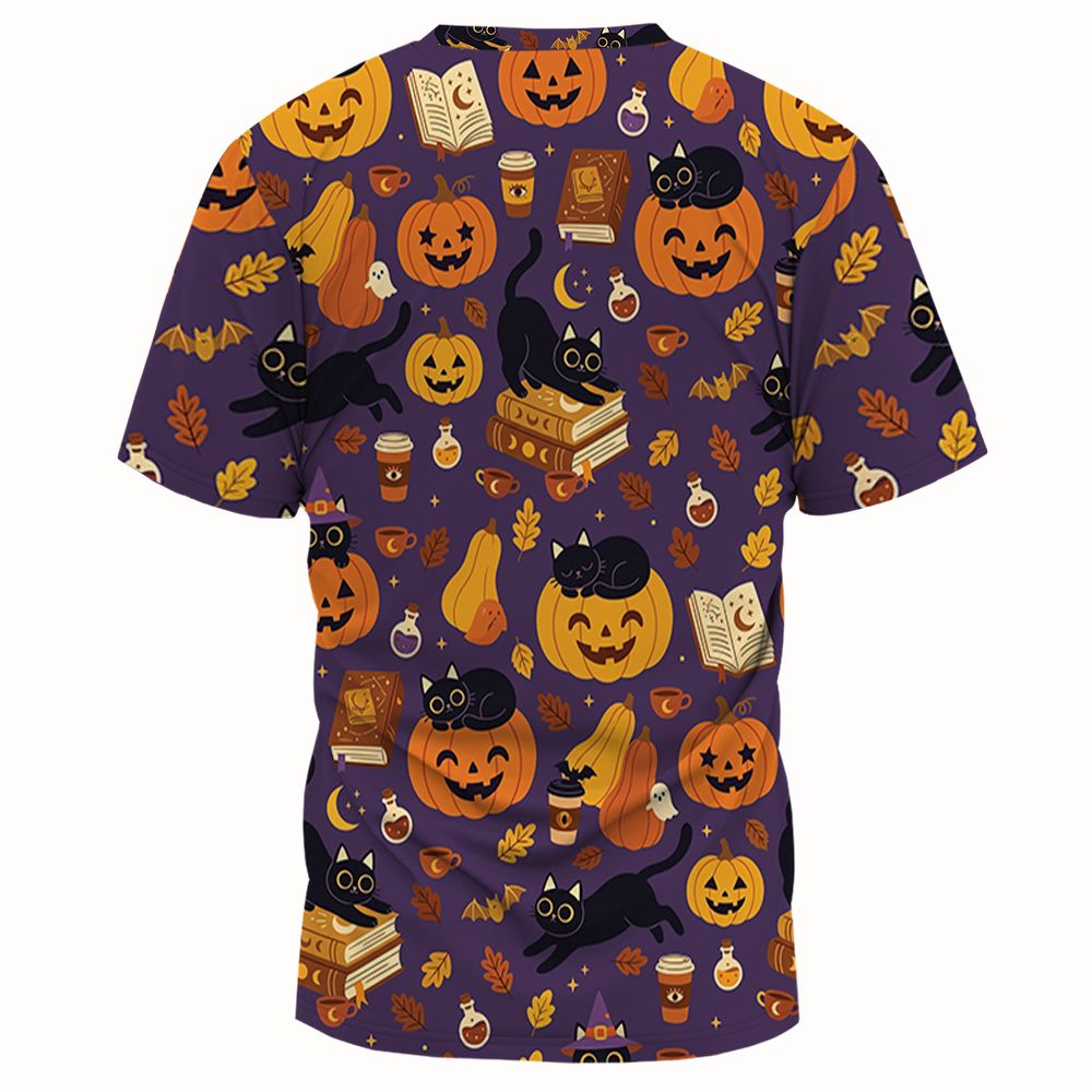 Purple Spooky Black Cat & Pumpkin Magic Full Print Unisex T-Shirt -  - 2