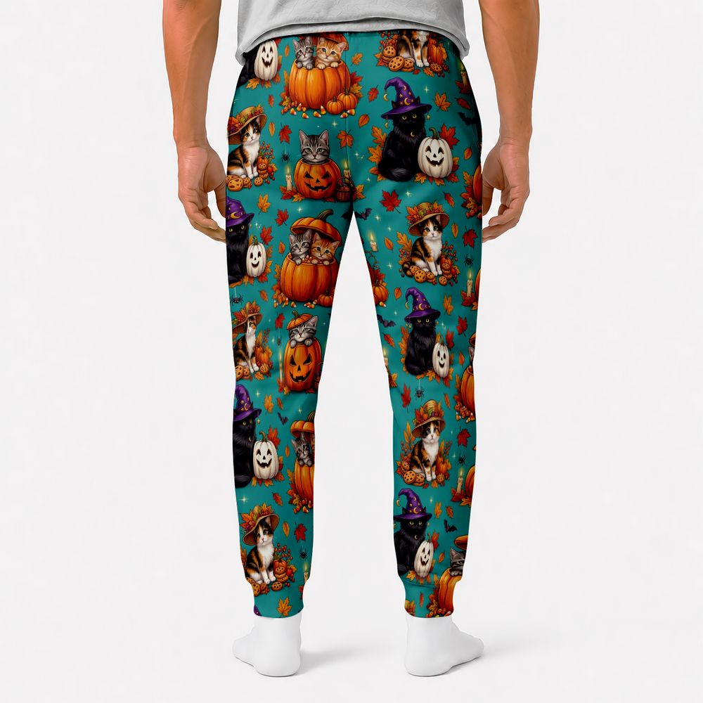 Festive Fall Pumpkin & Witch Cat Sweatpants -  - 2