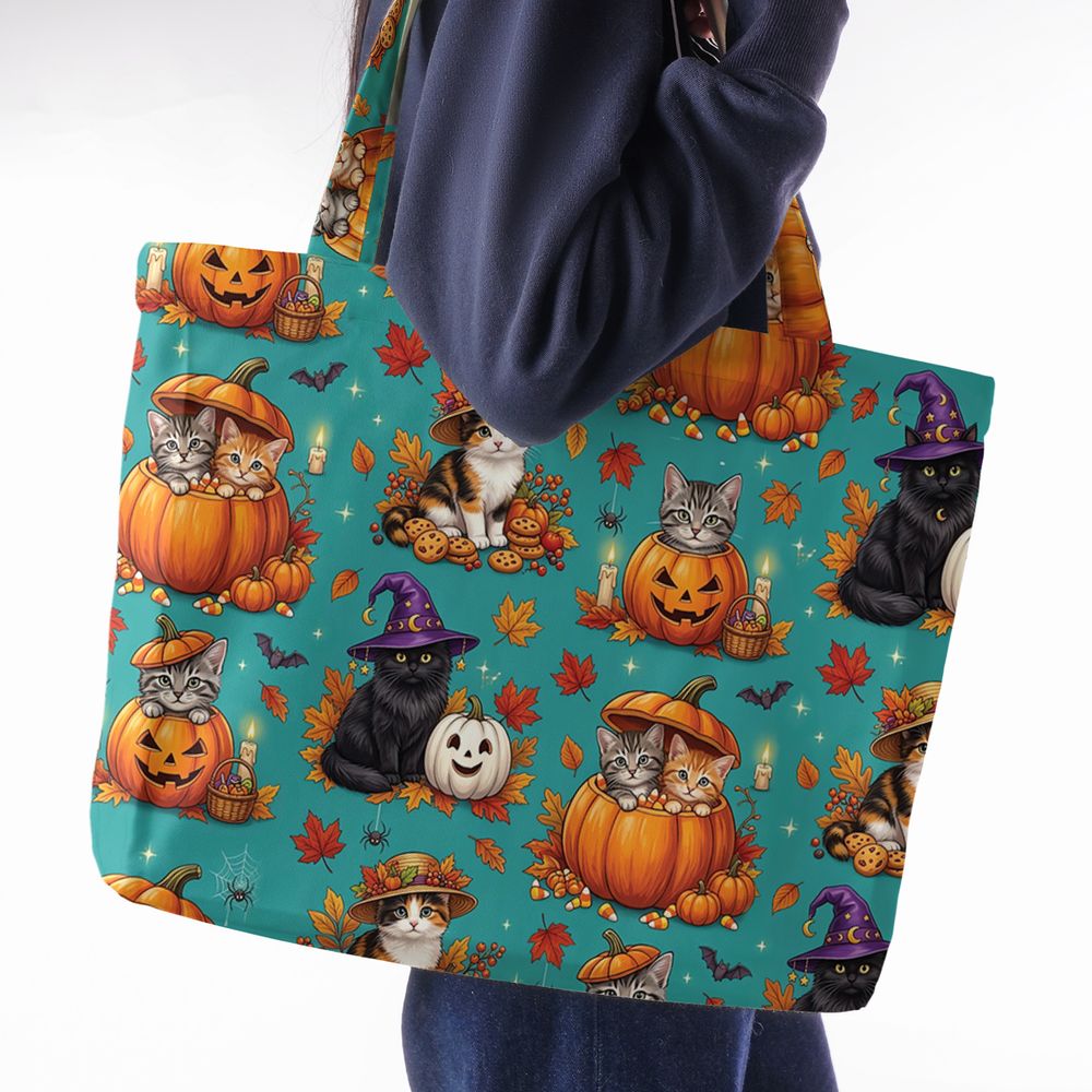 Festive Fall Pumpkin & Witch Cat Large Tote Bag -  - 2