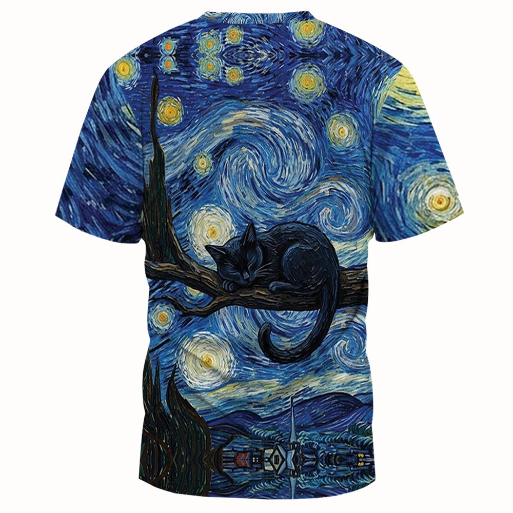 Starry Night and Black Cat Full Print Unisex T-Shirt -  - 2