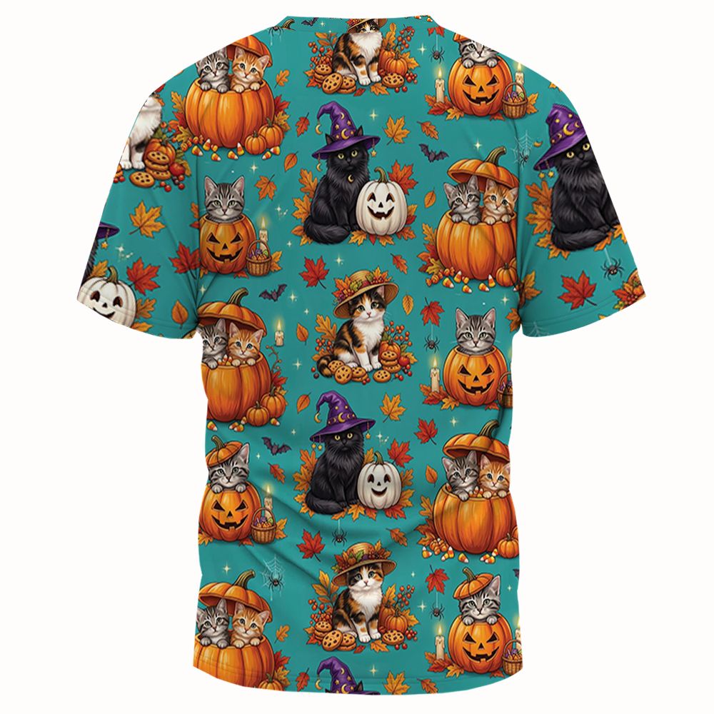 Festive Fall Pumpkin & Witch Cat Full Print Unisex T-Shirt -  - 2